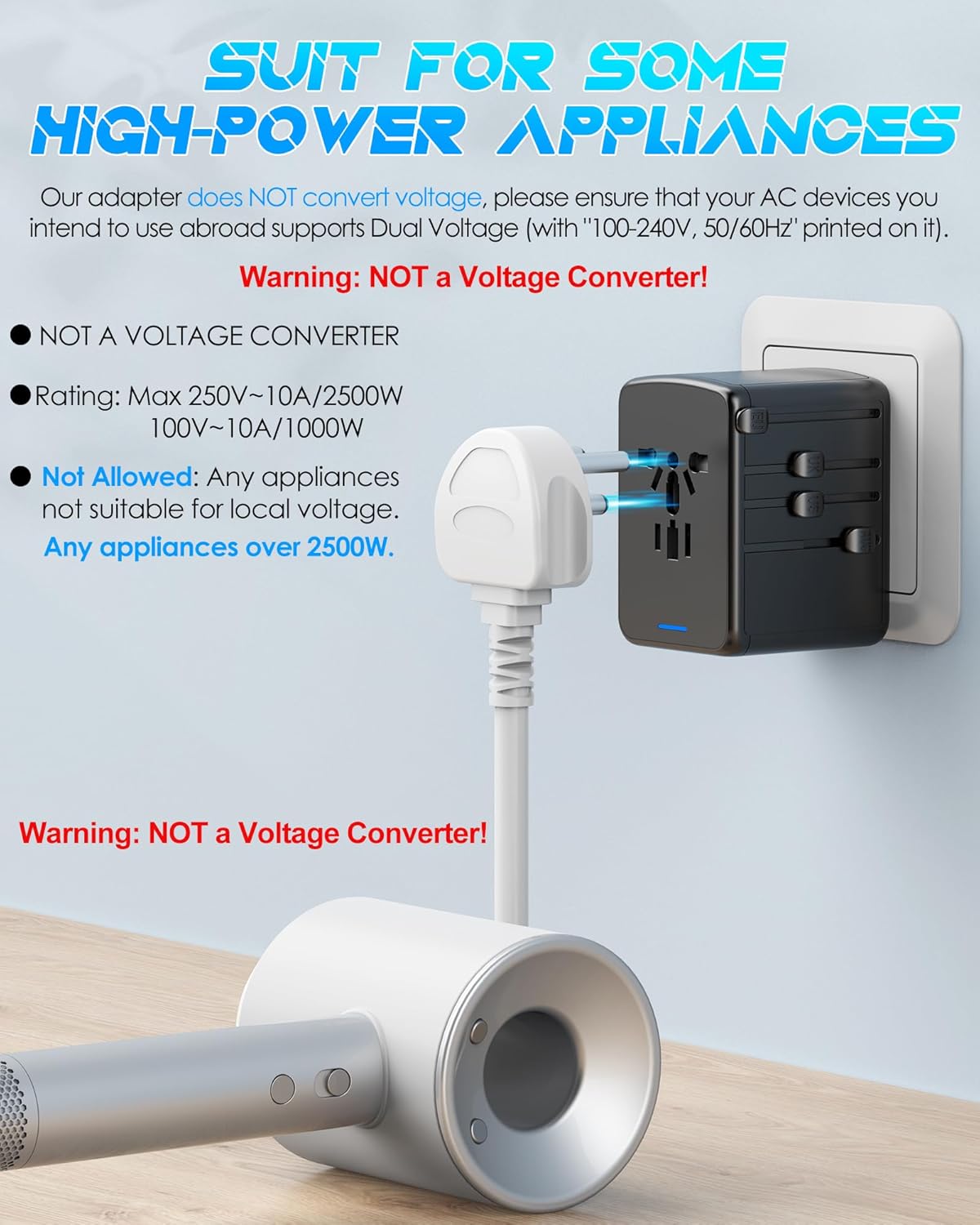 URJD 6.0A 30W 5 2500W 110V 220V 200+ Countries Universal Travel Adapter, USB C/A Ports + AC Outlets, International