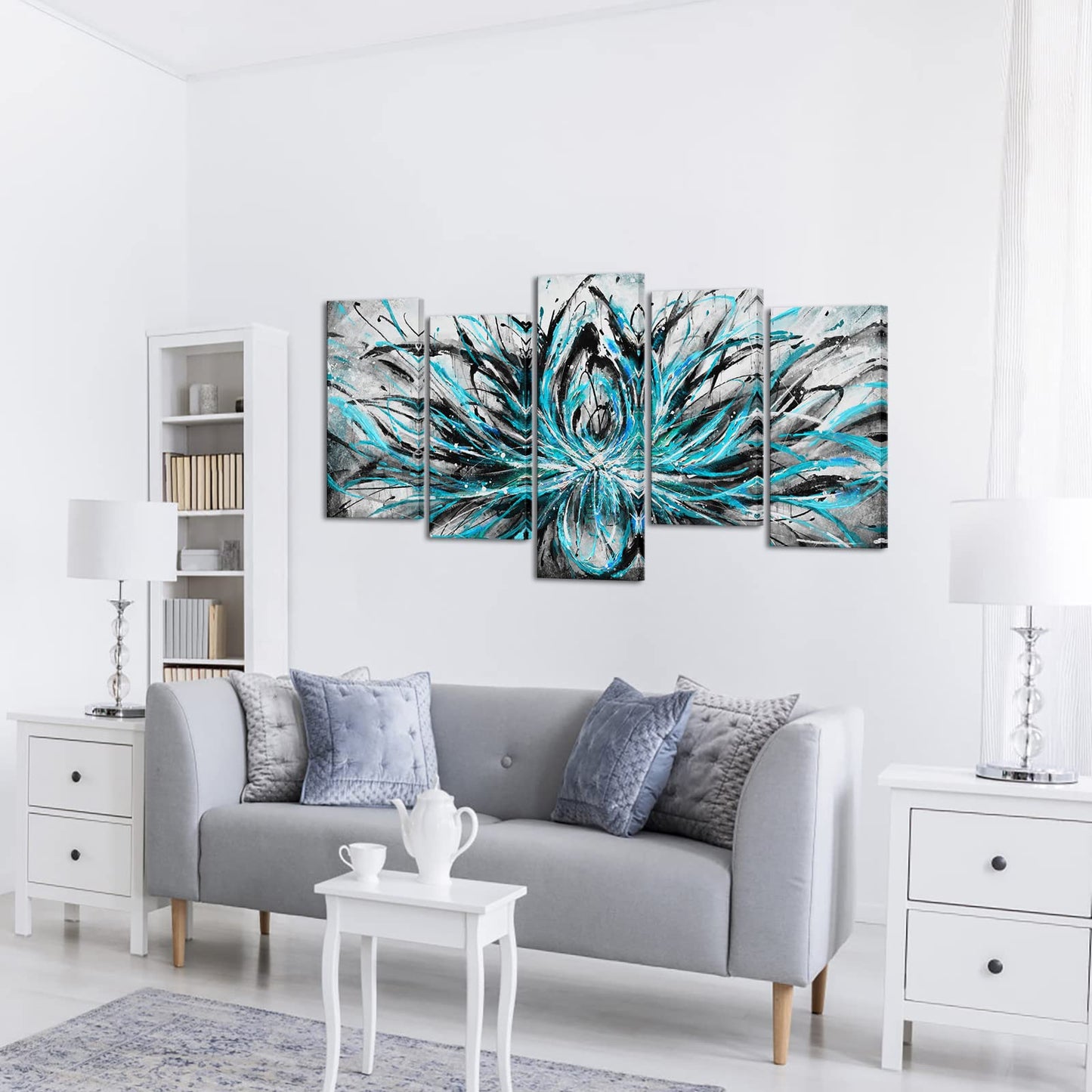 LevvArts Teal and Grey Abstract Canvas Wall Art Turquoise Blue Lotus Flower Painting Prints Artwork for Living Room Bedroom Yoga Room Wall Zen Decoration 60" Wx32 H