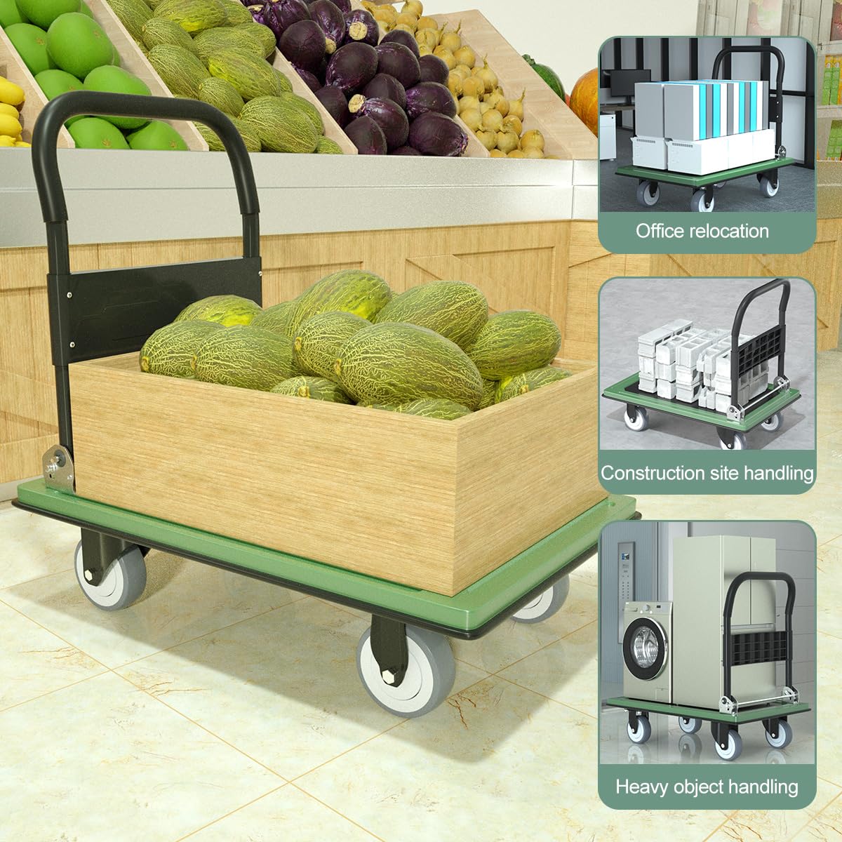 WUD Push Cart, Folding Mobile Platform Trolley,Thickened and Reinforced, 360° Swivel Wheels,35.4 “L x 23.6 ”W, 1100 lb. Green Dolly cart with Wheels