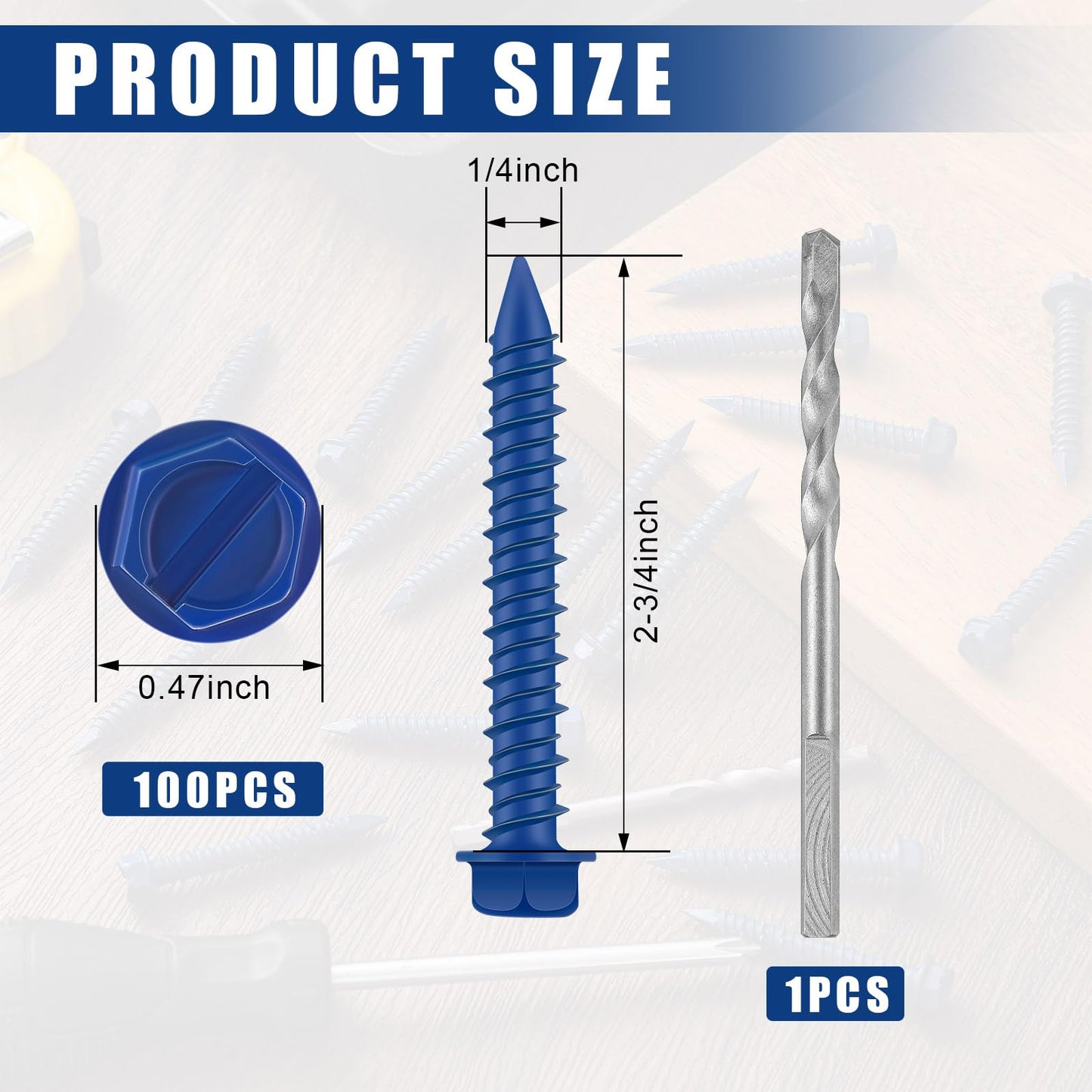 MorningRo 100 Qty 1/4" x 2-3/4" Hex Head Concrete Screws Anchor with Drill Bits Blue Slotted Hex Screws for Anchor Masonry, Block, Brick, Cement, Stucco, Diamond Point and Wood Fastening