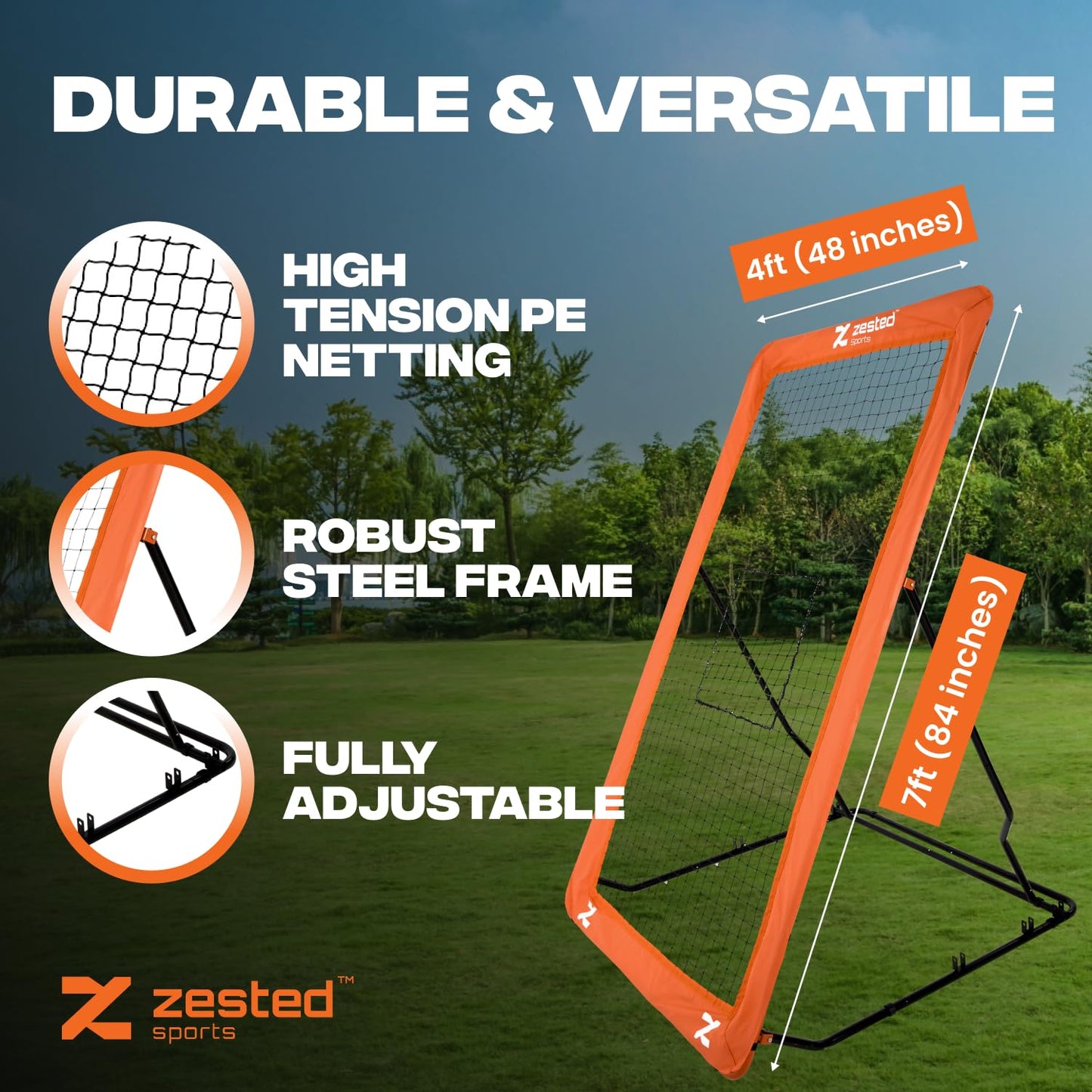 Zested Sports 7x4 FT Multi-Sport Rebounder Net – Adjustable Training Net for Volleyball, Lacrosse, Baseball & Soccer – Heavy-Duty Steel Frame, High-Tension Net & Carry Bag for Indoor/Outdoor Practice