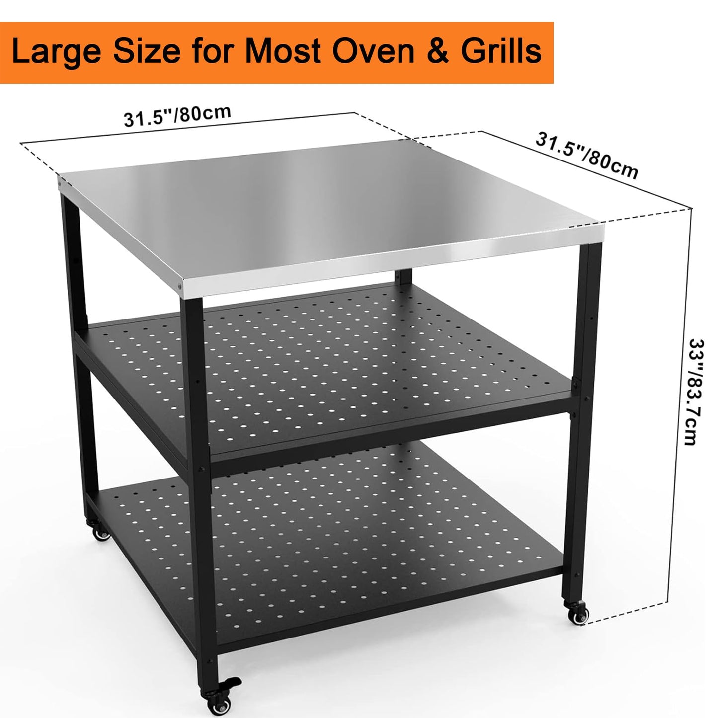 Mimiuo 31.5" Square Pizza Oven Stand – Heavy Duty Stainless Steel Table for Ooni, Blackstone, Ninja, Outdoor BBQ Cart with 3 Adjustable Shelves, Locking Wheels, Propane Tank Compatible 31.5x31.5x33 in