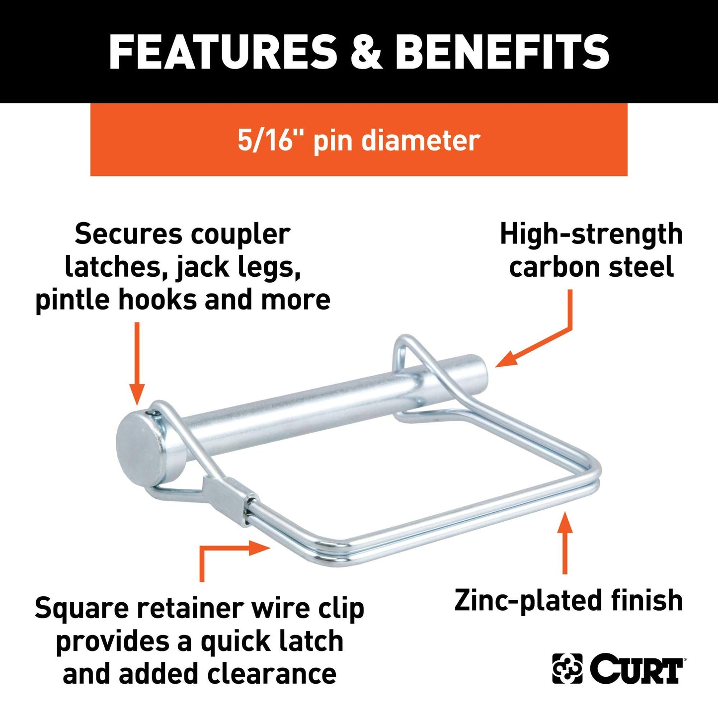 CURT 25011 Trailer Coupler Pin, 5/16-Inch Diameter x 3-Inch Long