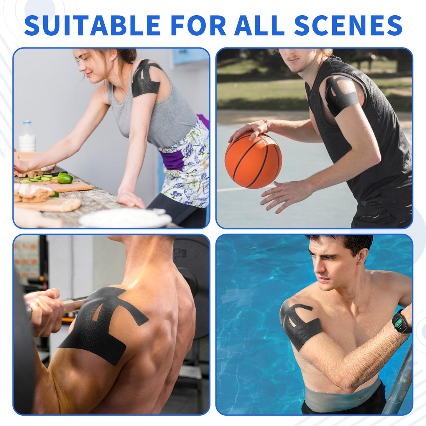 15PCS Kinesiology Tape for Shoulder, Kinesiology Tape Precut Strips for Shoulder Support Support & Stability, Waterproof Breathable Elastic Sports Shoulder Tape for Pain Relief, Athletic Tape, Black