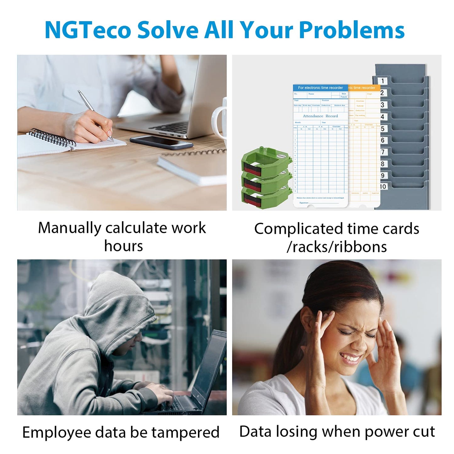 NGTeco APP-Based Time Clock, Fingerprint & PIN Time Clocks for Employees Small Business, 2.4GHz WiFi Biometric Clock in Machine for Employees with APP for iOS Android, No Monthly Fee