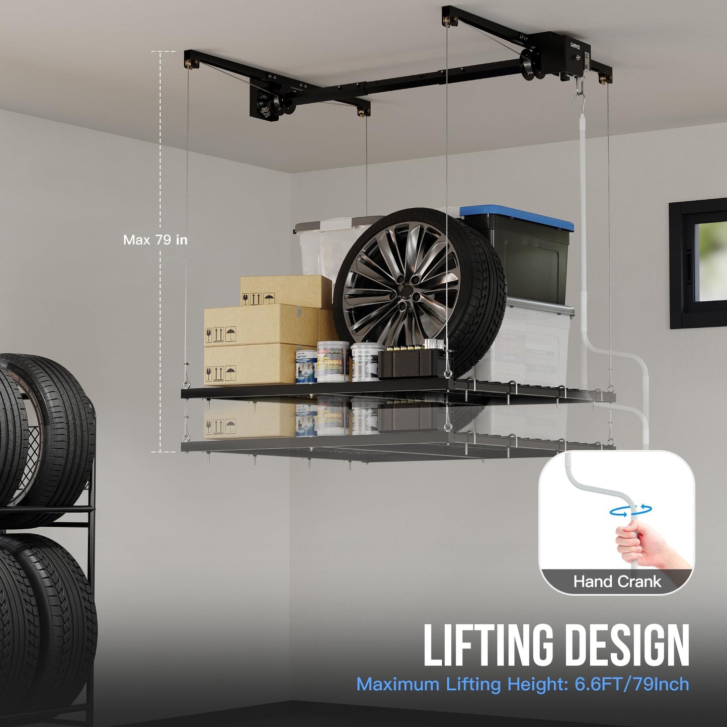 Garvee Overhead Garage Storage Rack Lift, 4x4 ft Ceiling Mounted Storage Racks, 79" Max Adjustable Height, 350lbs Weight Capacity, Heavy-Duty Metal Ceiling Rack for Organization