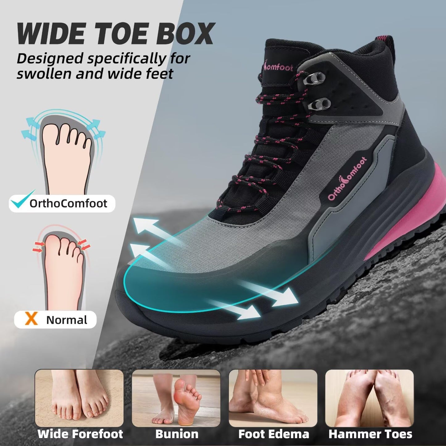 Women's Orthopedic Mid Trekking Hiking Boots: Plantar Fasciitis Orthotic Arch Support Bunions Recovery Fashion Boots, Comfortable Stylish Working Standing Walking Shoes Black Rose Red Size 8.5