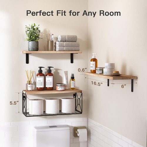 Amada Bathroom Shelves - Over Toilet Storage with Basket | Floating Wall Shelf for Home Organization - Natural Wood