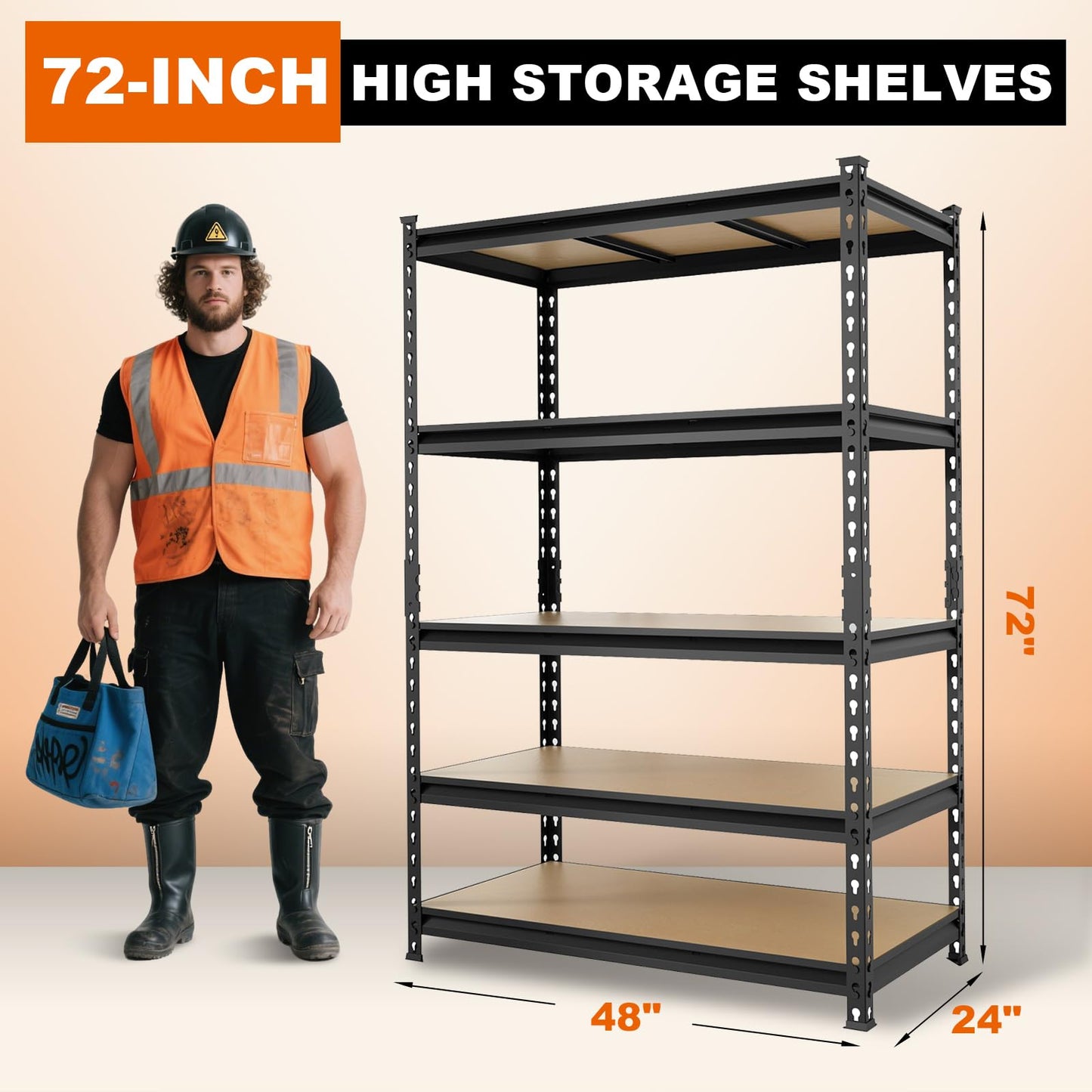 Big RED Storage Shelving Unit, 5-Tier Adjustable Storage Shelves, Heavy Duty Metal Garage Shelves/Utility Rack for Kitchen, Pantry, Basement- 3,000lb Capacity, Black, 72" H x 48" W x 24" D