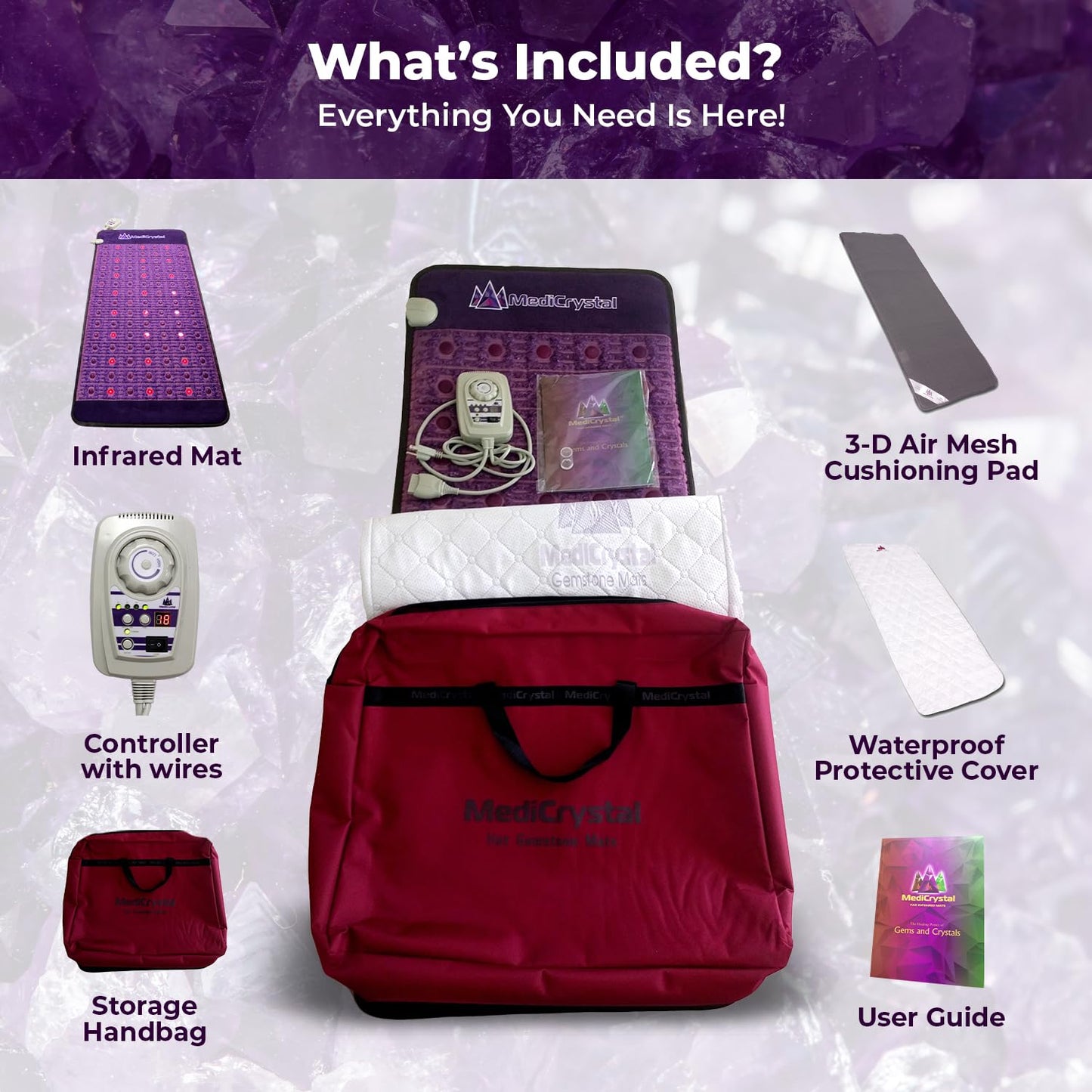 MediCrystal Far Infrared Amethyst Mat - Natural Agates + Photon Red Lights - FDA Registered - Negative Ion - Heating Pad (Mini 32" L x 20”W)