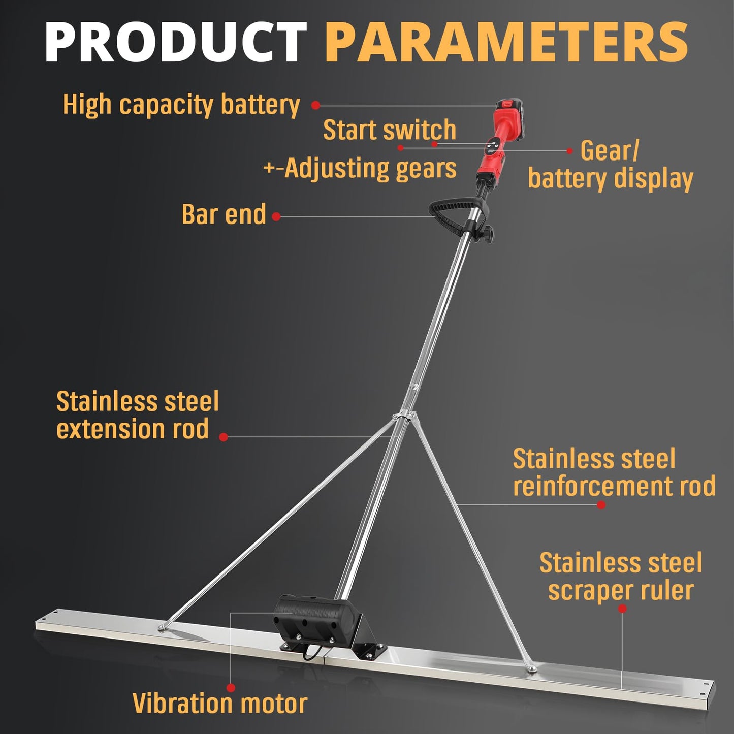 High Power Concrete Screed Vibratory Kit - Concrete Finishing Tool with 59" Stainless Steel Board, Cordless Electric Screed Cement Finishing Vibrating Machine with 4800mAh Battery, 9 Gears Adjustable