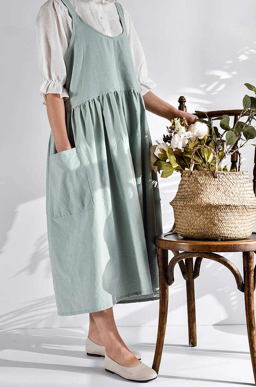 NEWGEM Cotton Linen Cross Back Apron for Women with Pockets for Cooking Gardening Turquoise without Waist Ties