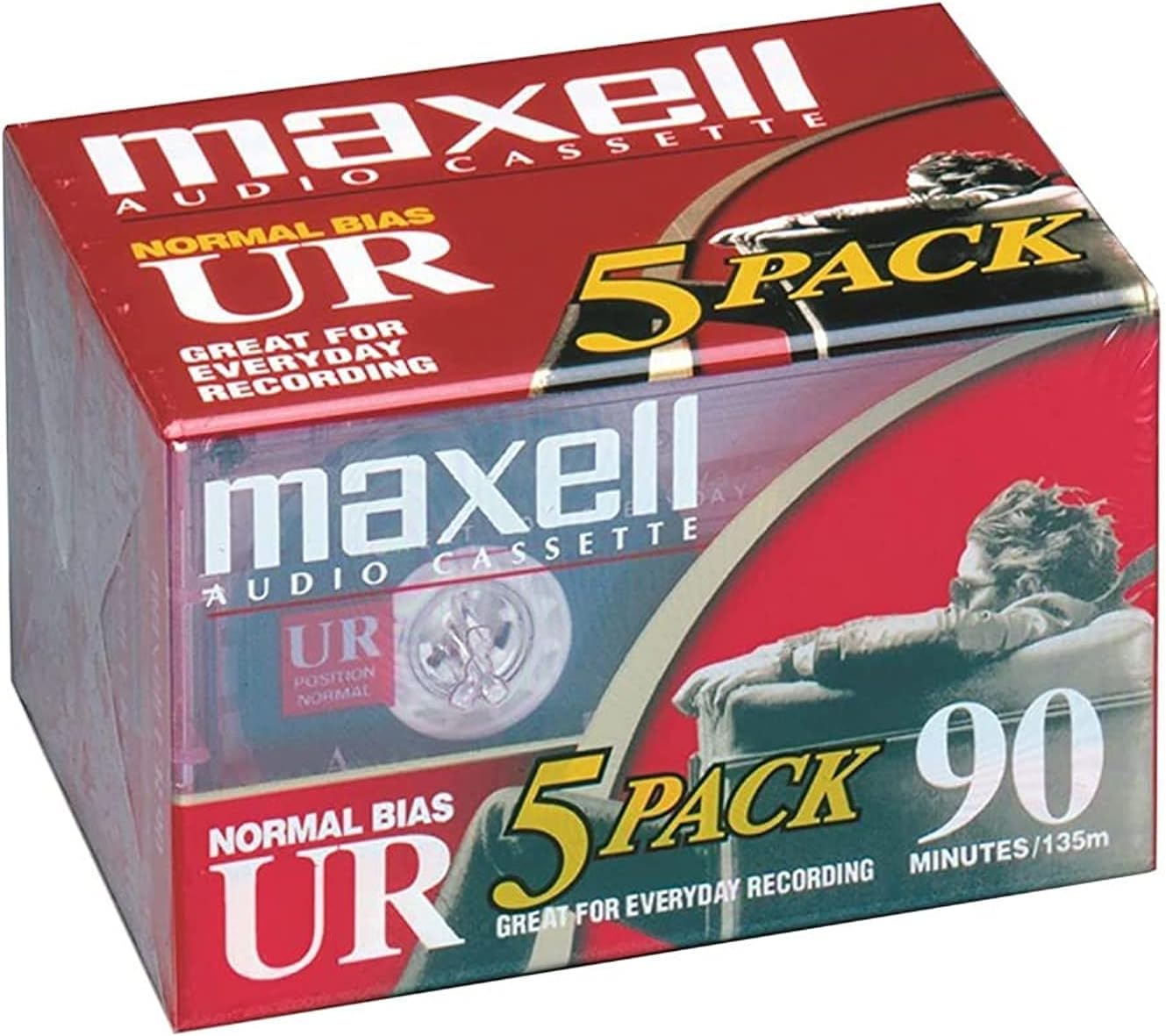 Maxell 90 Cassette 90 5 Pack UR Normal Bias Blank Audio Recording Tape, Low Noise, Minute Recording Time