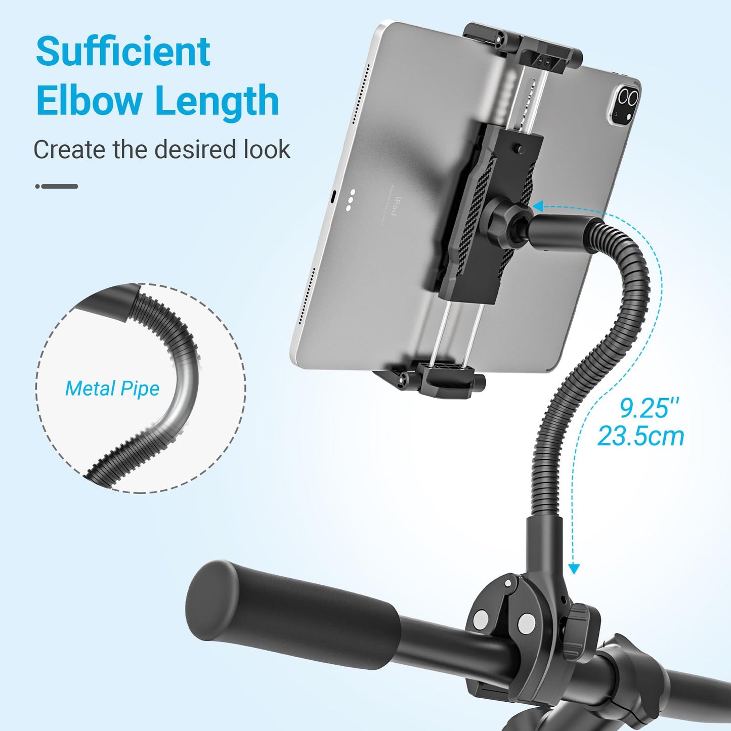 INSSKY All-Metal Gooseneck Spin Bike Tablet Holder, Mount for Exercise/Stationary Bike, Elliptical, Peloton, 360° Flexible Long Arm, Heavy-Duty No-Shake, Fit for iPad Pro/Air/Mini & 6.1-15.6" Devices