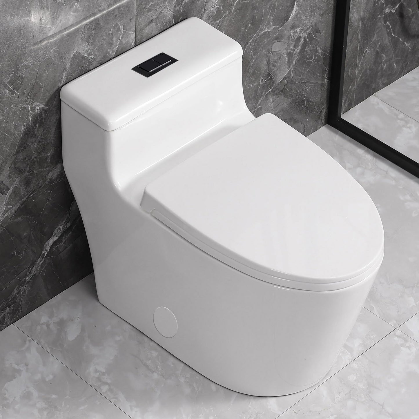 SouNor 12"Rough-in Ceramic One Piece Elongated Toilet for Modern Bathroom with Top Dual Flush (0.8/1.6GPF) Soft Close Seat ADA Standard Seat Height with Black Button.