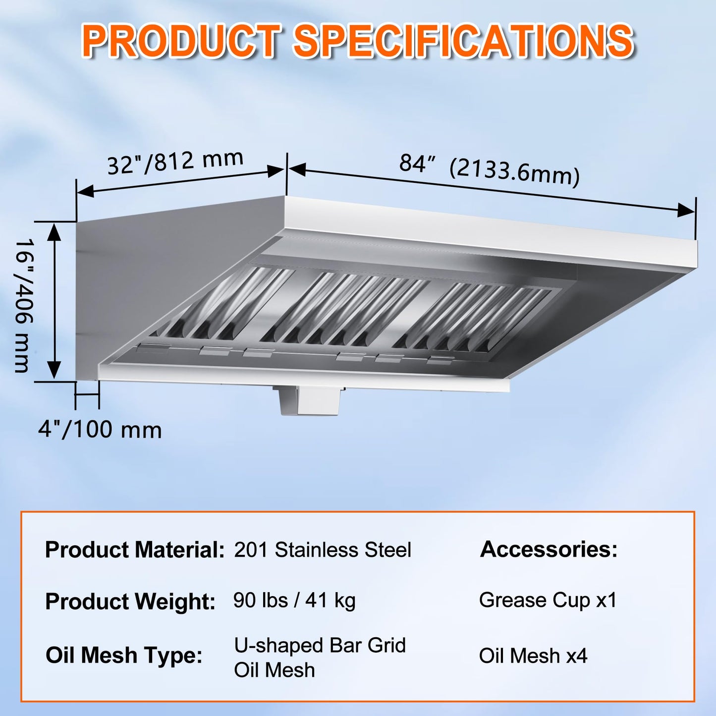 Commercial Exhaust Hood 7 FT Stainless Steel Concession Trailer Hood(No Motor) for Commercial Kitchen
