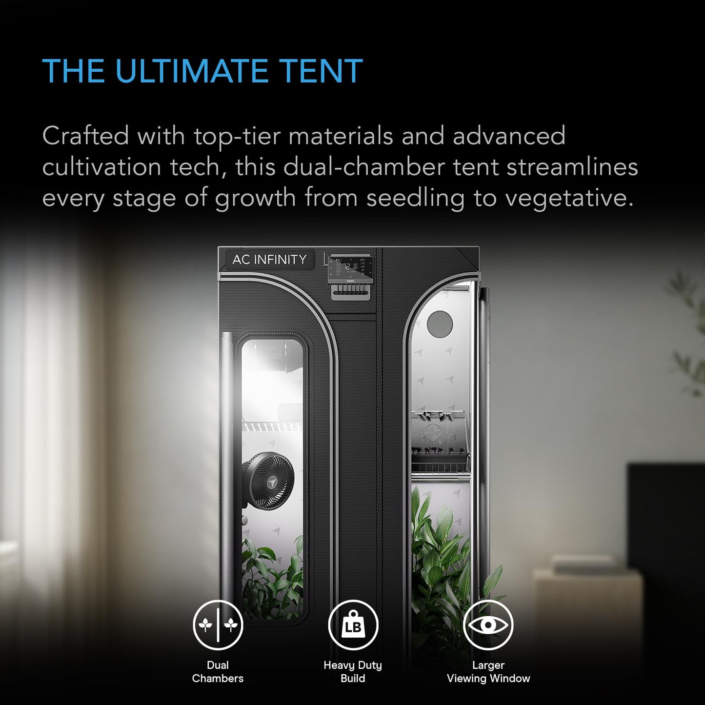 AC Infinity CLOUDLAB 864D 2-IN-1 Advance Grow Tent 5x4, Thickest 1" Poles, 2000D Mylar Canvas, Lab-Tested Highest Reflectivity, Largest Zipper Window Controller Mount Plate 60" x 48" x 80" Indoor Grow