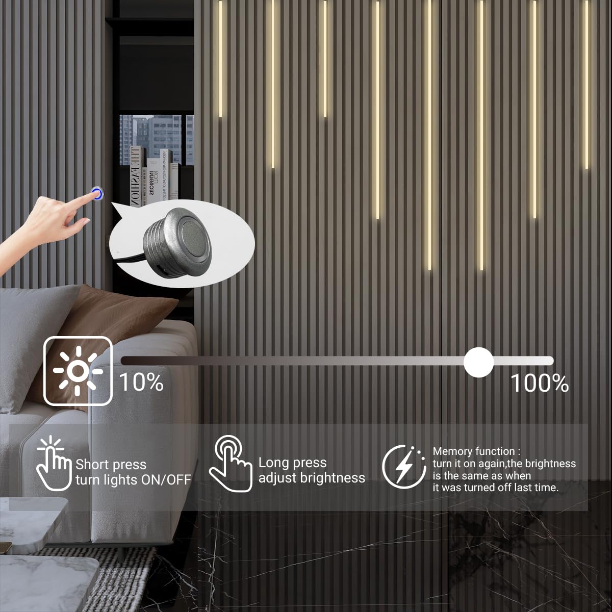 HAMRVL Black LED Recessed Lighting Kit - 8 PCS 3000K Warm White LED Strip Lights with Touch Control, Dimmable Self-Adhesive Wall Panel Lights for Wood Slat Wall Panels, Under Cabinet (Black Cover)