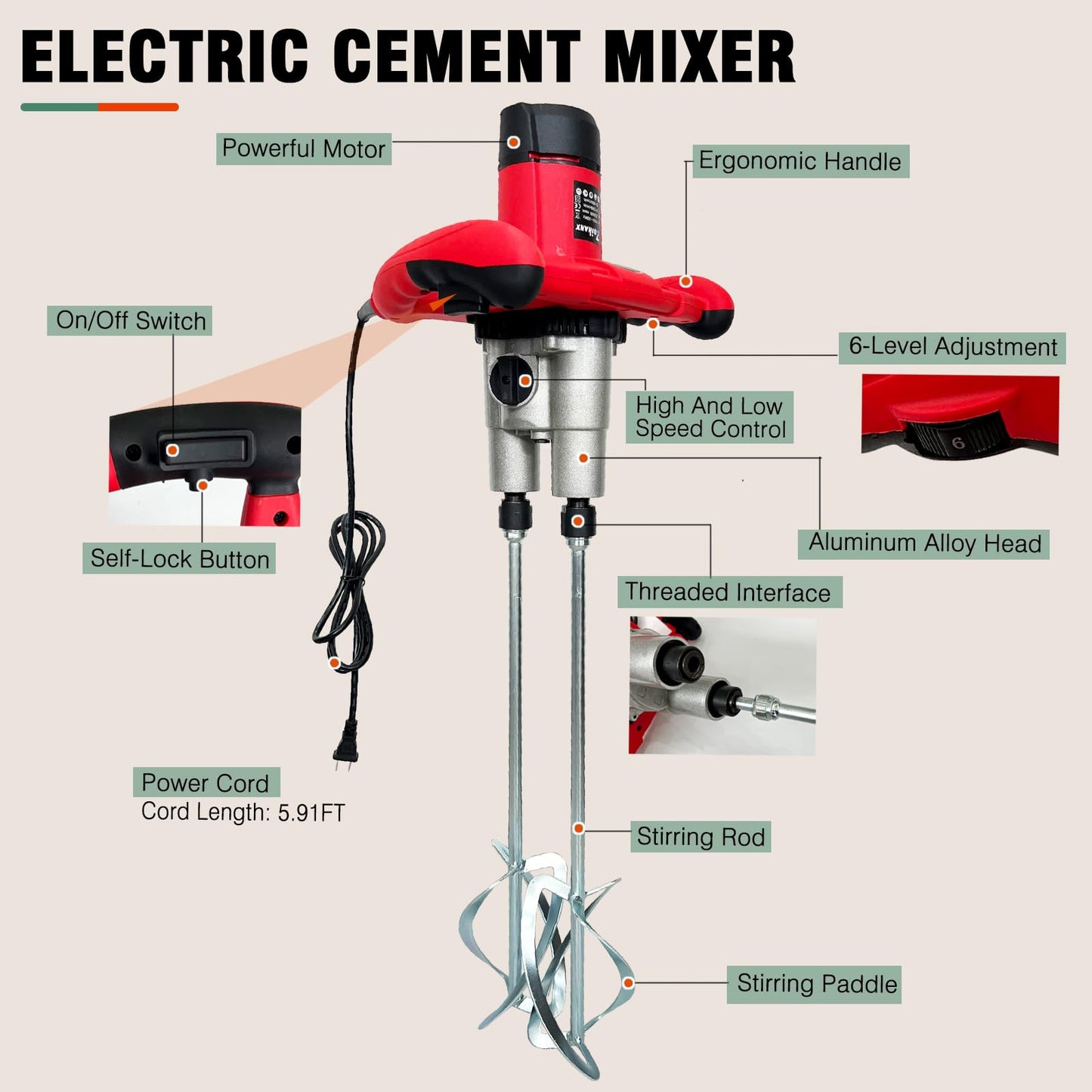 Cement Mixer, Portable Mortar Mixer,110V Handheld Electric Concrete Mixer with 6 Adjustable Speed, for Mixing Mud, Putty,Cement, Mortar,Paint,Grout Plaster Thinset Fodder Stirring Tool,Dual Paddle