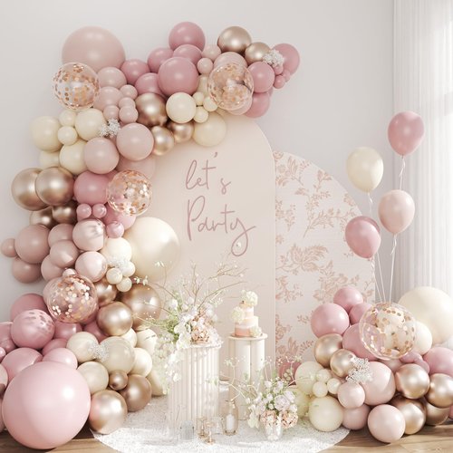Celebloom Dusty Pink and Rose Gold Balloon Arch Kit, 134pcs Double Stuffed Light Pink Dusty White Metallic Gold Confetti Balloons Garland Kits for Birthday Wedding Baby Shower Bridal Party Decorations