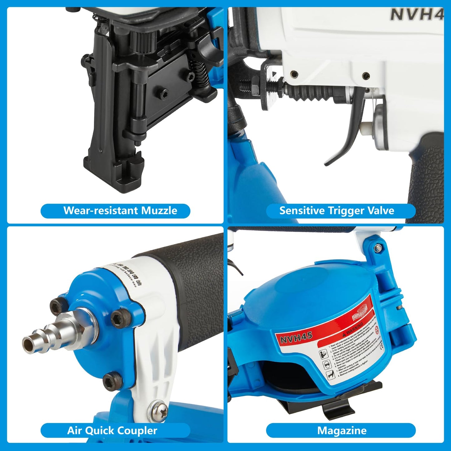 Maxparts Roofing Nail Gun NVH45 15 Degree Pistola De Roofing 7/8-Inch to 1-3/4-Inch Round Head Coil Nails for Wooden House Roof Building Light Blue Color