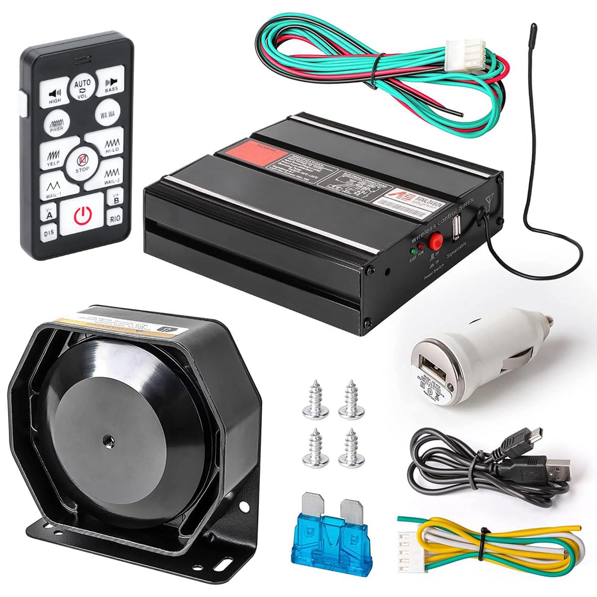 SMALLFATW Police Siren 20 Tones 130 DB 200 Watt, Dual 20A Auxiliary Switch, Wireless Remote USB Rechargeable 15M Control Range, Car PA System Speaker Horn, Emergency Siren for Car Truck Vehicles