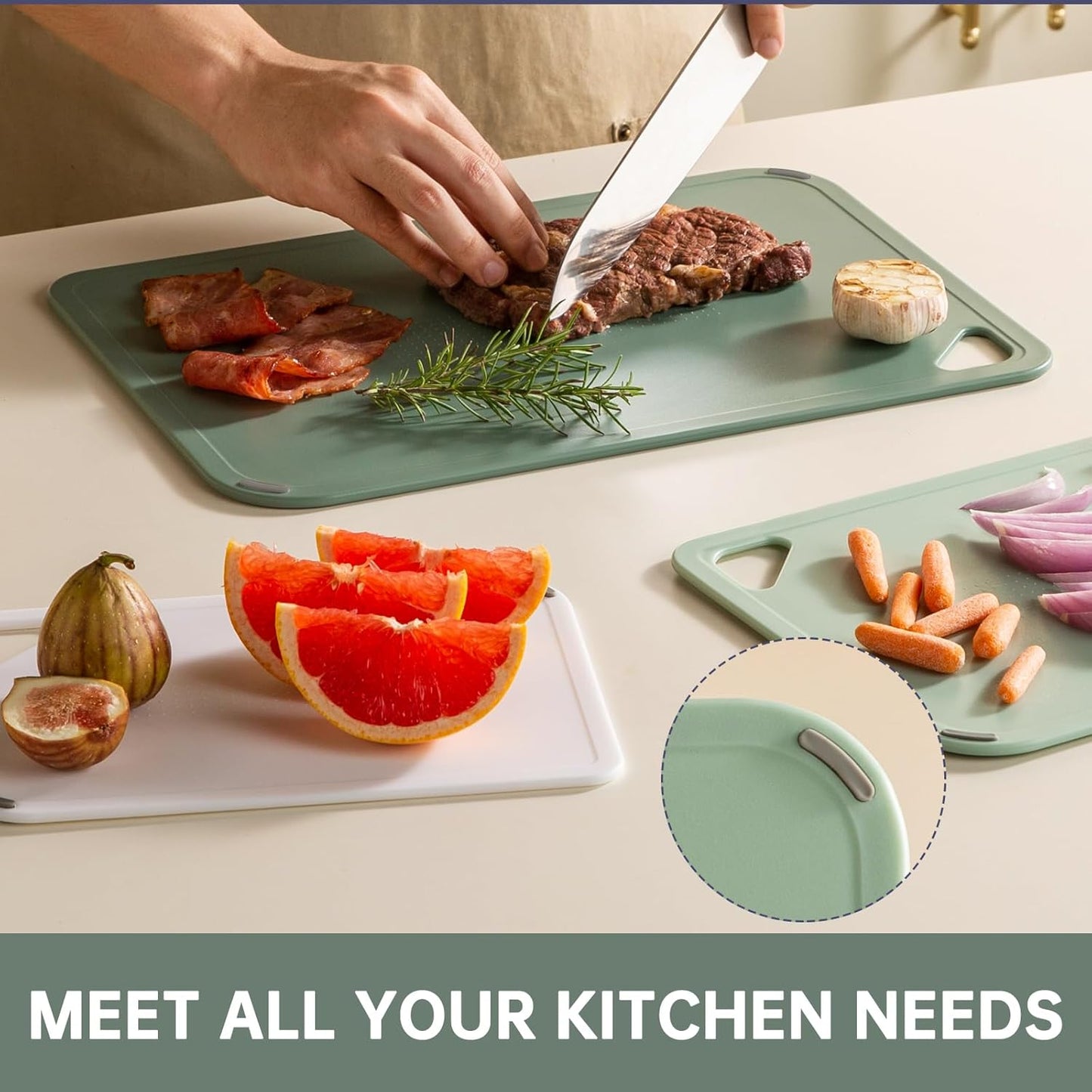 THETCHRY Plastic Cutting Board Set - BPA-Free Non-Slip Chopping Boards for Kitchen | 15"×10" Green