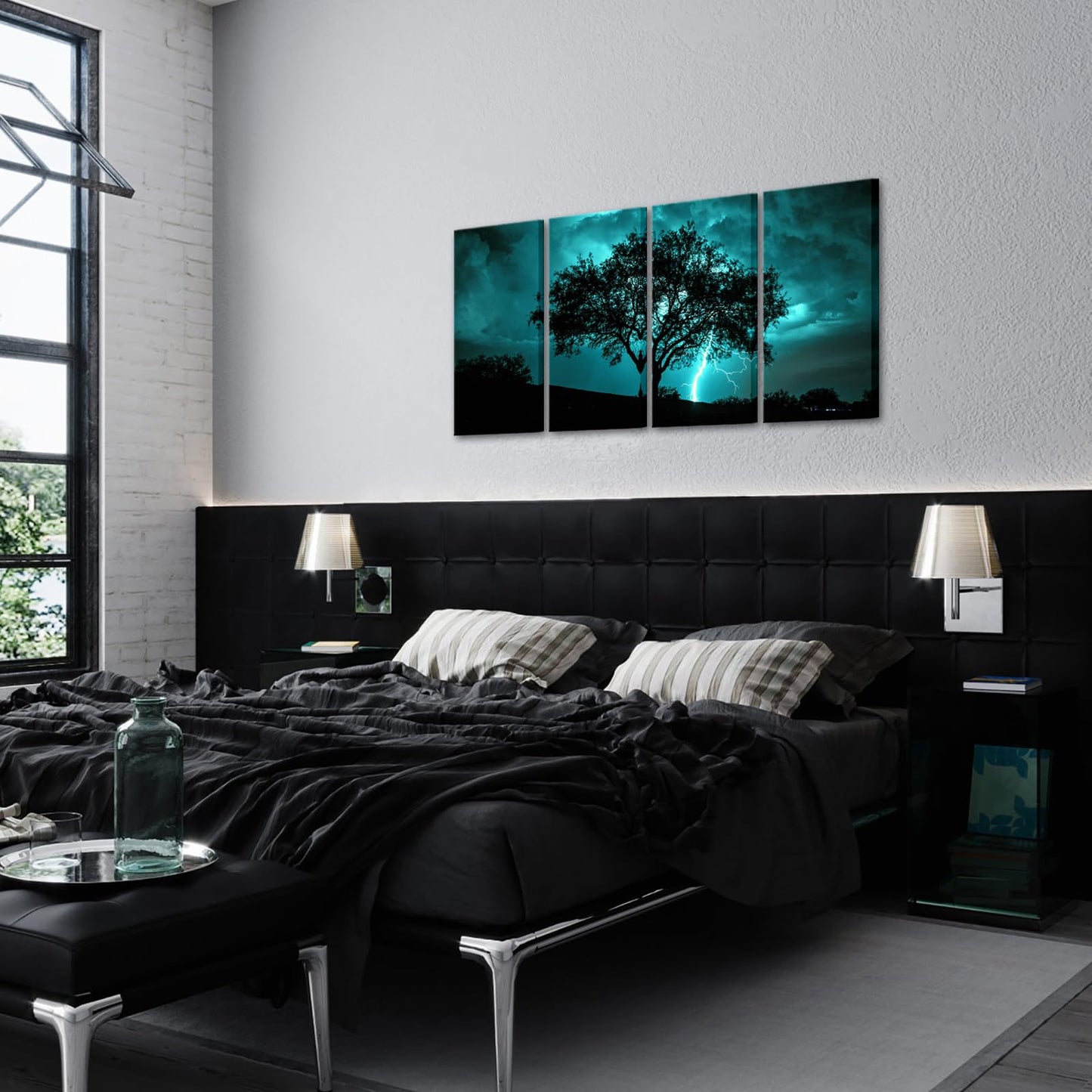 NutArtPic Tree Canvas Wall Art Teal Big Tree with Lightning Strikes Picture Artwork Natural Landscape Artwork Painting for Home Decor 12''x24''x4pcs (Teal)