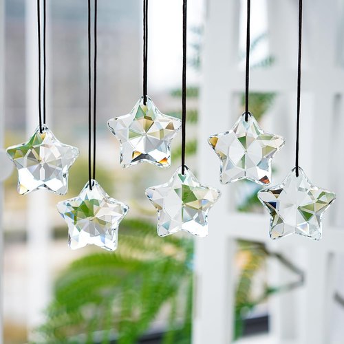 H&D Hyaline & Dora Crystal Glass Christmas Ornaments - Set of 6 Clear Faceted Stars for Holiday Decor