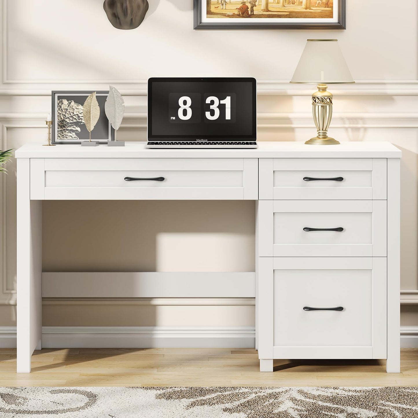 Halitaa Farmhouse 47" Executive Desk, Computer Desk with File Drawer and Charging Station, Workstation for Home Office, Study(Cream White)
