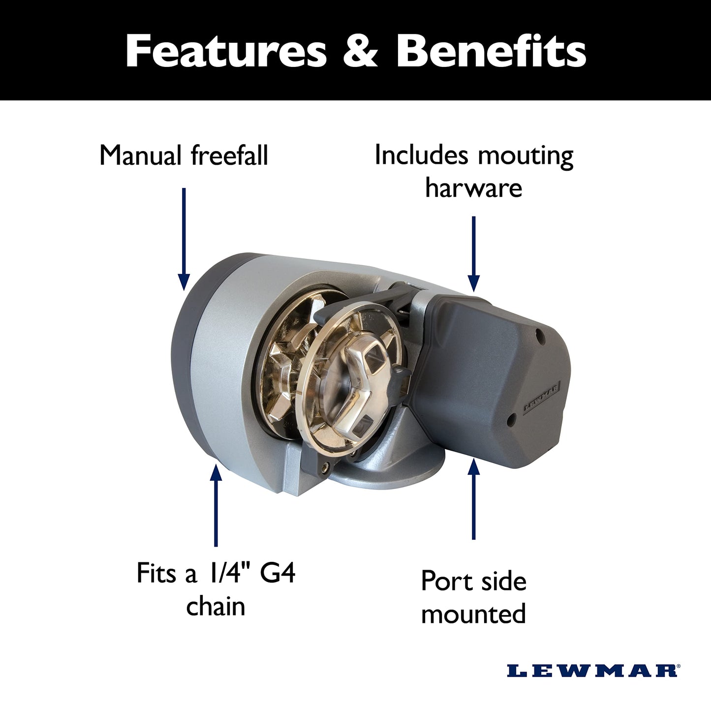 Lewmar Pro Sport 550 12V Windlass for 1/4" G4 Chain, Manual Freefall, Maximum pull 550 lbs., Port Side Mounted Gypsy, for Boats 20'-30' - 2020201167