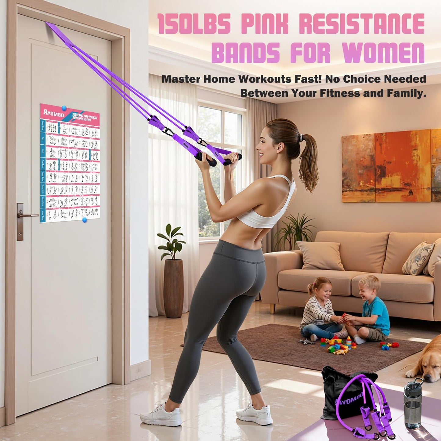 Ayombo Resistance Bands with Handles for Women, 150LBS Exercise Bands Set for Physical Therapy Yoga Pilates, 5 Level Workout Bands for Working Out with Door Anchor, Home Gym Fitness Equipment