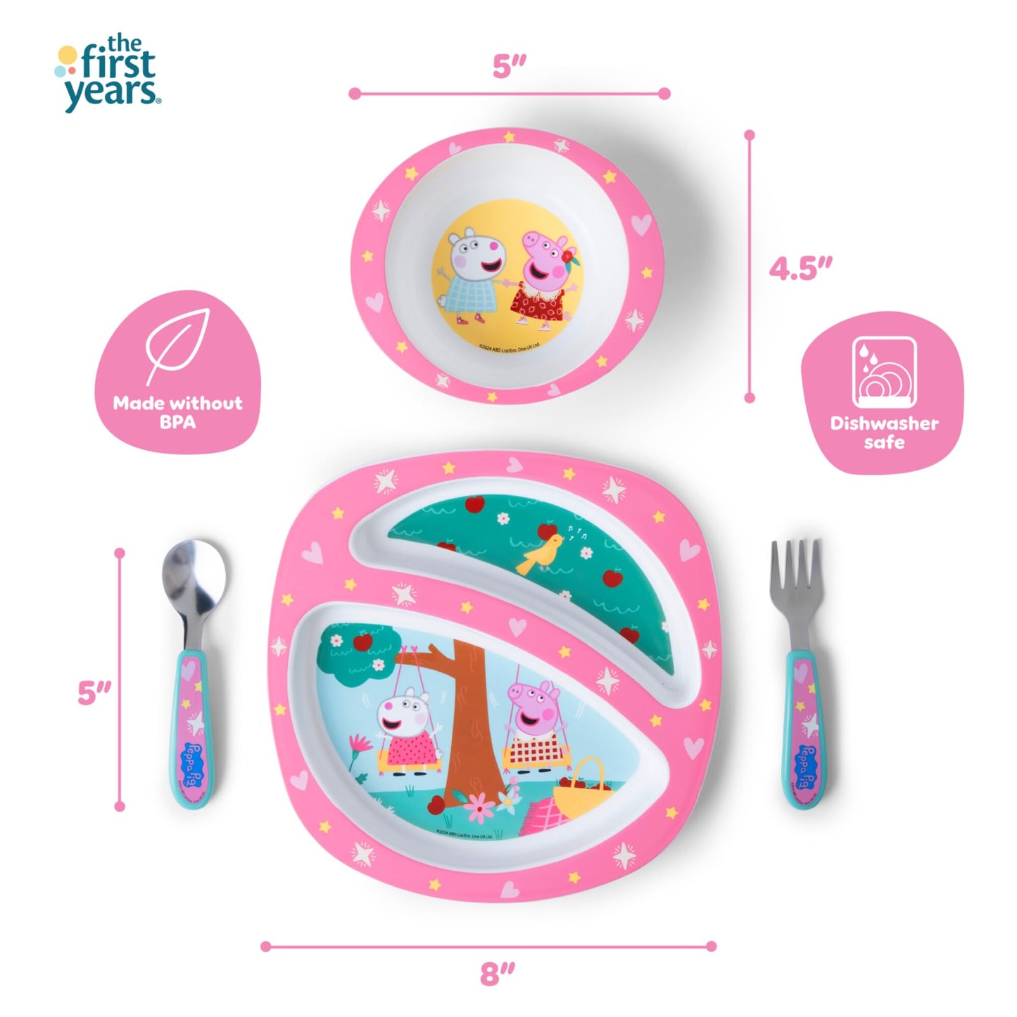 The First Years Peppa Pig Toddler Dinnerware Set - Includes Plate, Divided Bowl, and Utensils - Dishwasher Safe Feeding Supplies Made without BPA - 4 Count