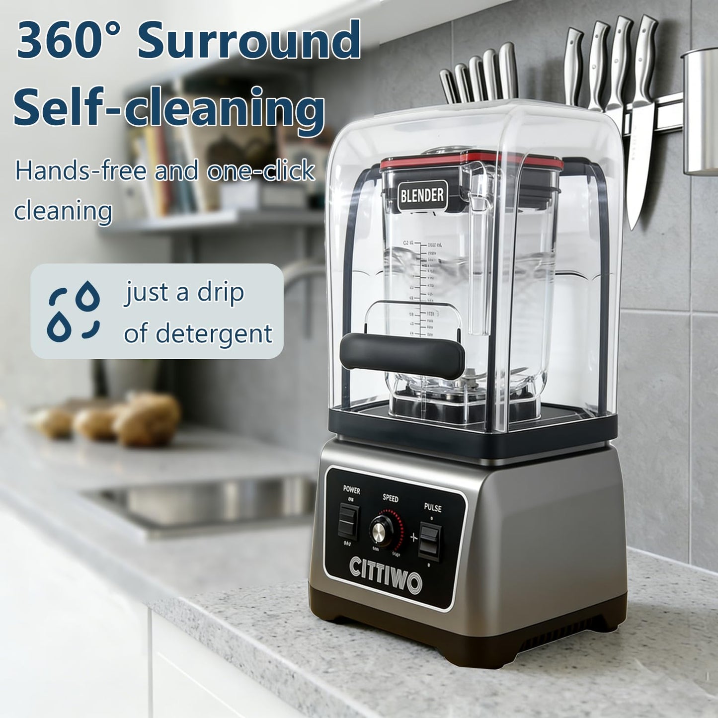 Cittiwo Commercial Blender Heavy Duty Restaurant with 64oz Jar, 2200W Professional-Grade Smoothie Blender, Ice Crush, Frozen Drinks, Quiet Shield, Self-Cleaning