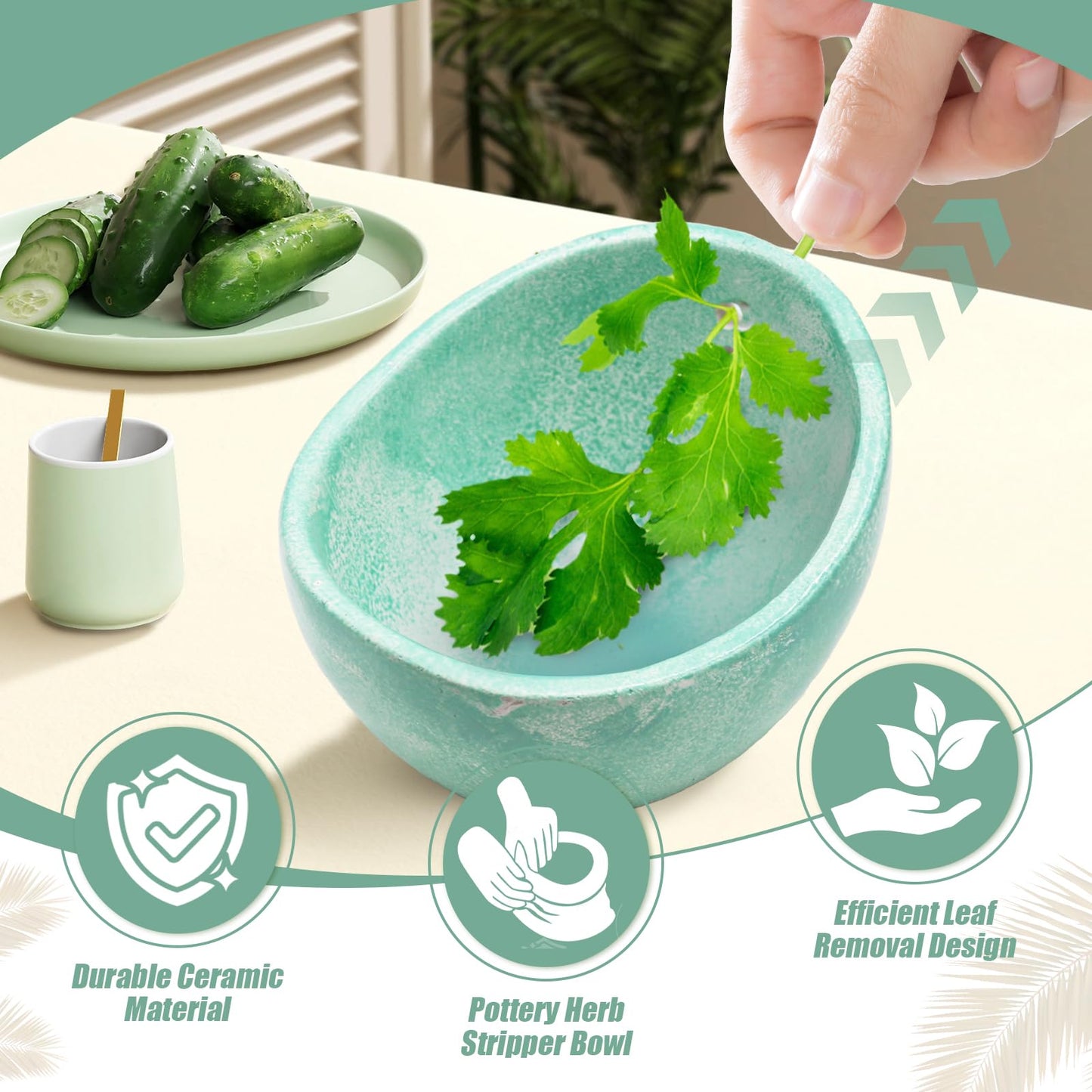 Rimigood Handmade Ceramic Herb Stripper Bowl-Ceramic Herb Peeling Bowl Kitchen Herbs Leaf Stripping Tool Pottery Herb Peeler for Kale, Thyme, Basil, Rosemary Stripper (Green)