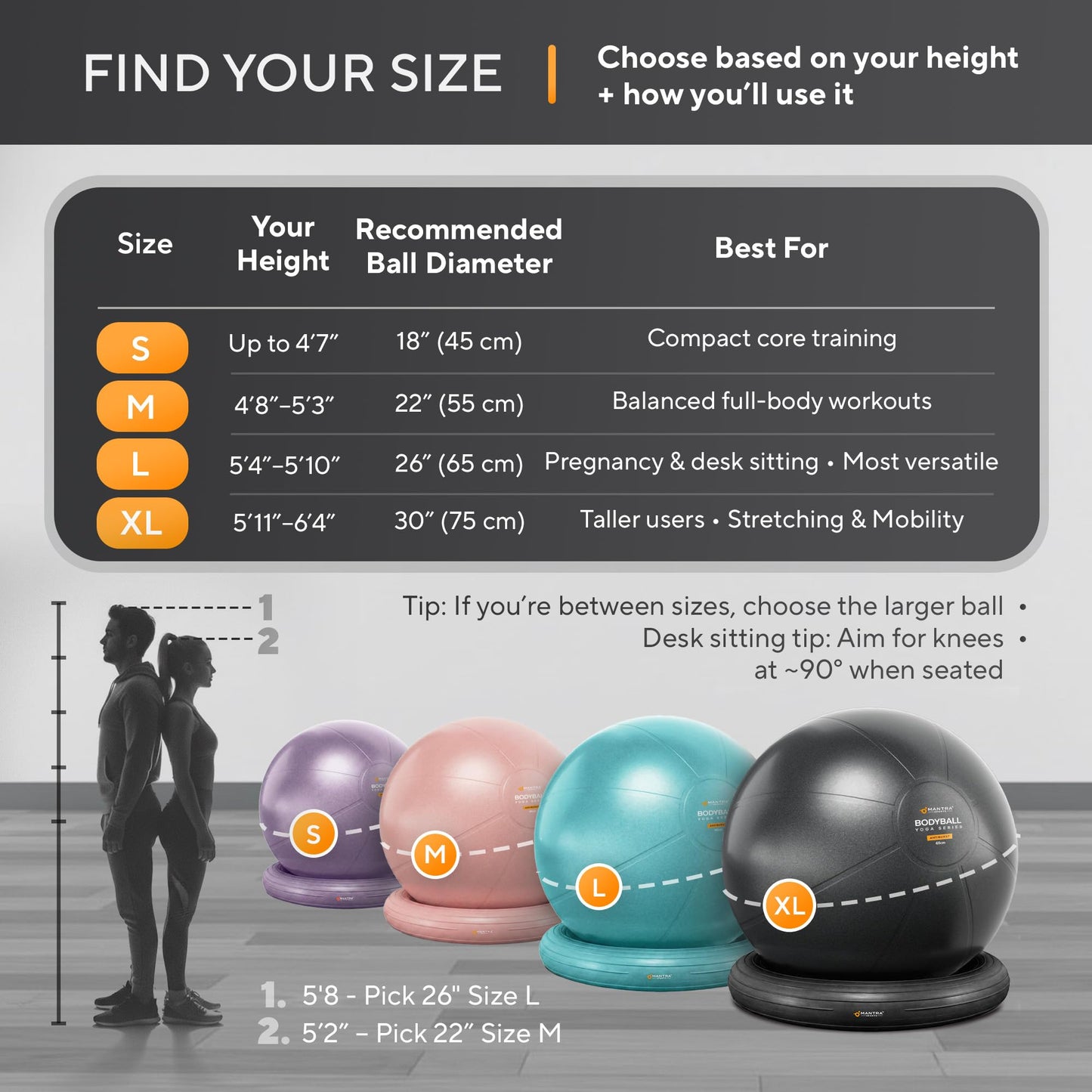 MANTRA SPORTS Yoga Ball Chair - Stability Ball and Exercise with Base for Office Desk Sitting, Active Chair for Posture & Core Support, Seat for Home Gym, Abs, Stretching, Therapy, Fast Pump Included