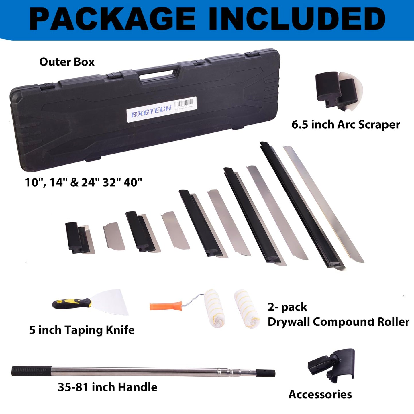 BXGTECH Drywall Tools Skimming Blade with Extension Handle - 10", 14", 24"& 32" 40" Blades with 2 Pack 0.3 mm Blades, Construction Tools End Caps, with Outer Box, Drywall Roller,Taping Knife