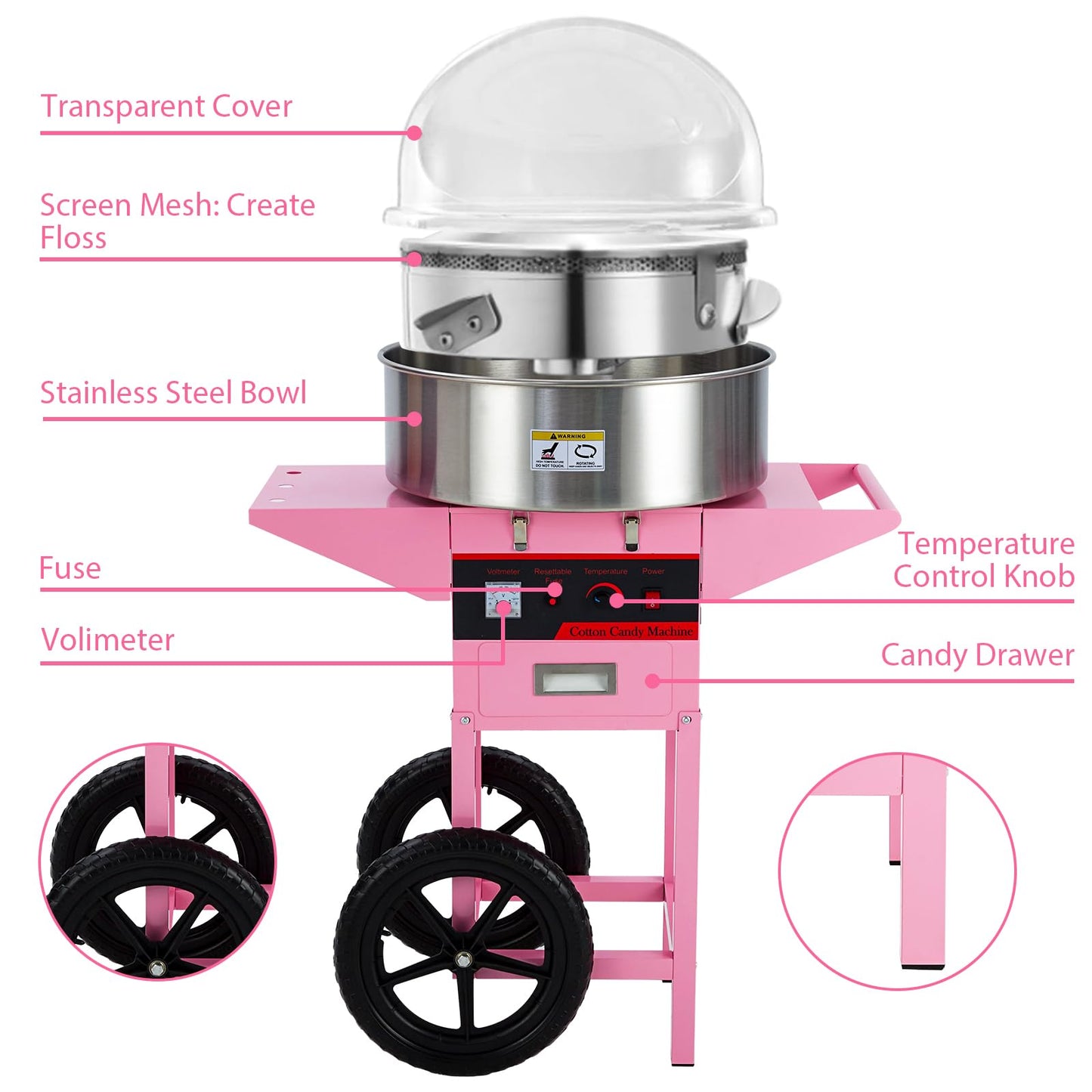 GarveeTech Commercial Cotton Candy Machine with Cart - Pink Cotton Candy Machine With Stainless Steel Bowl, Sugar Scoop, Drawer. Ideal for Family Party Fun(Without lid)