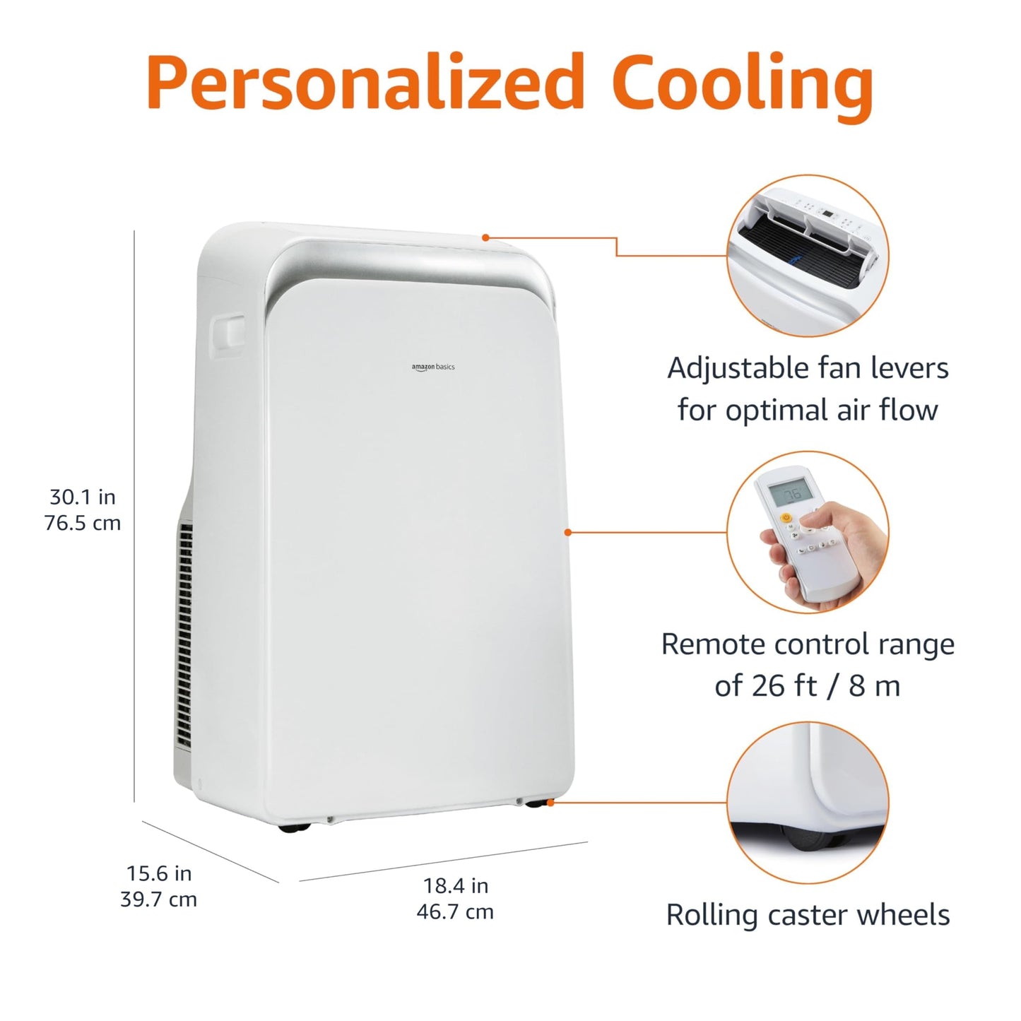 Amazon Basics 4-In-1 Portable Air Conditioner with Remote, Timer, Sleep Mode, Auto Swing, Cool/Heat/Dry/Fan-Only Functions, 13500 BTU (ASHRAE), Cools Up to 550 Sqf, Energy Saving, White
