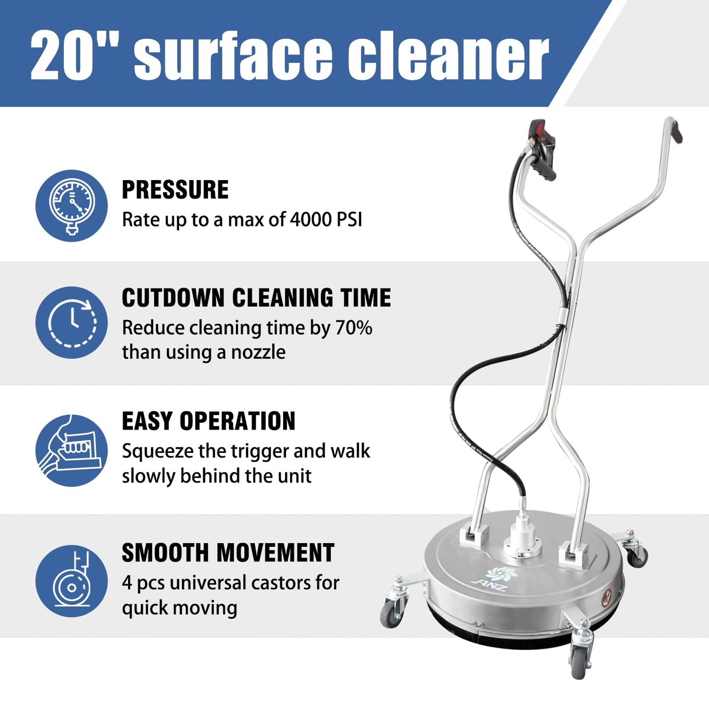 janz 20" Pressure Washer Surface Cleaner with 4 Wheels,Dual Handle,Stainless Steel Housing, 4 Replacement Nozzles and 2 Hose Adapters,Ideal for Driveways, Sidewalks,Patios,Decks Cleaning