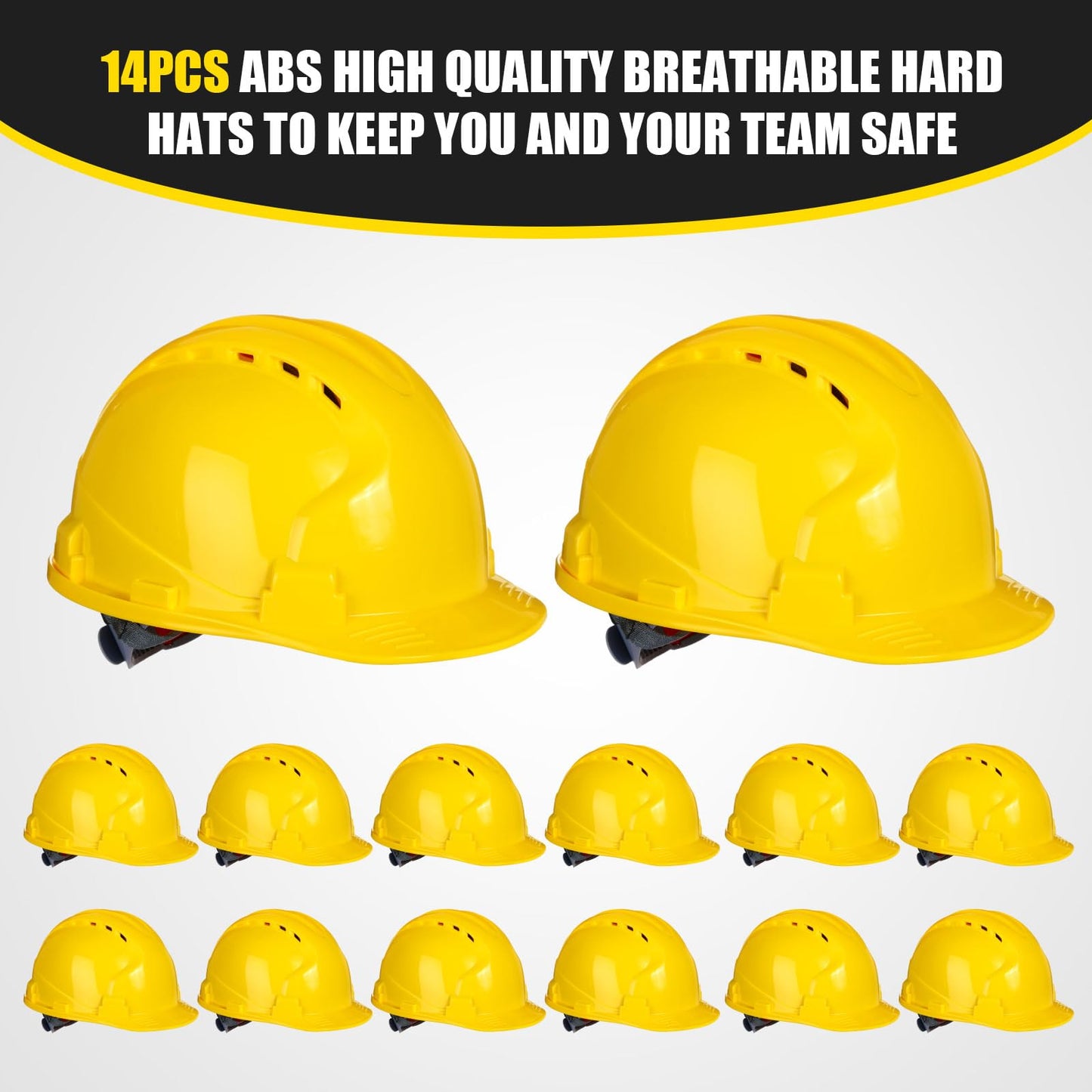 Leumoi 14 Pieces 4 Pt. Suspension Hard Hat Bulk Safety Helmets ABS Construction Hardhats Adjustable Ratchet Hard Hats with Vents and Cotton Brow Pad for Men Work Head Protection Supplies(Yellow)