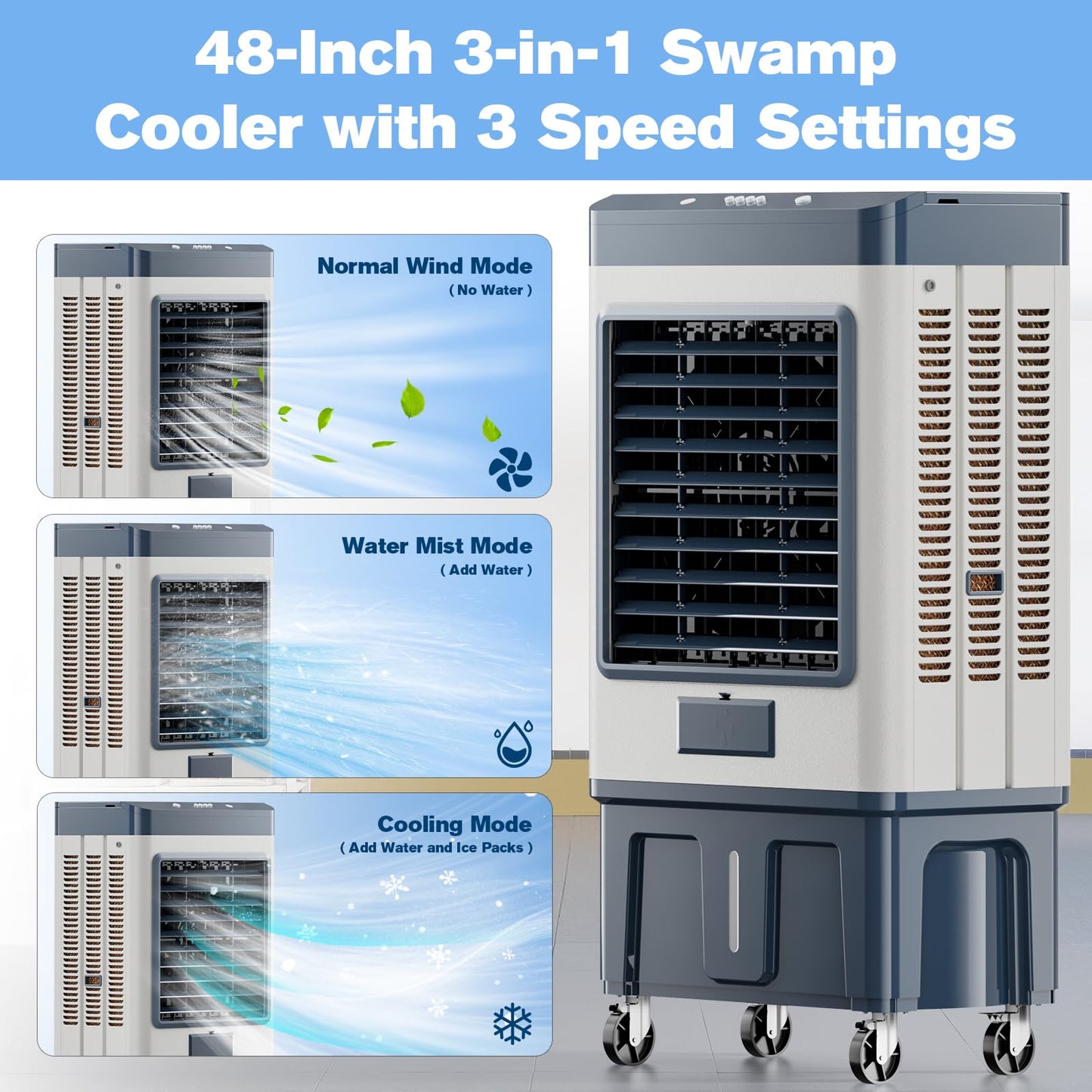 Auertech 48" 6500CFM Swamp Cooler Outdoor, 19 Gal Large Swamp Cooler Air Conditioner with 120°Oscillation, 3 Speed, 8 Ice Pack, Metal Frame Portable Evaporative Air Cooler for Garage, Warehouse