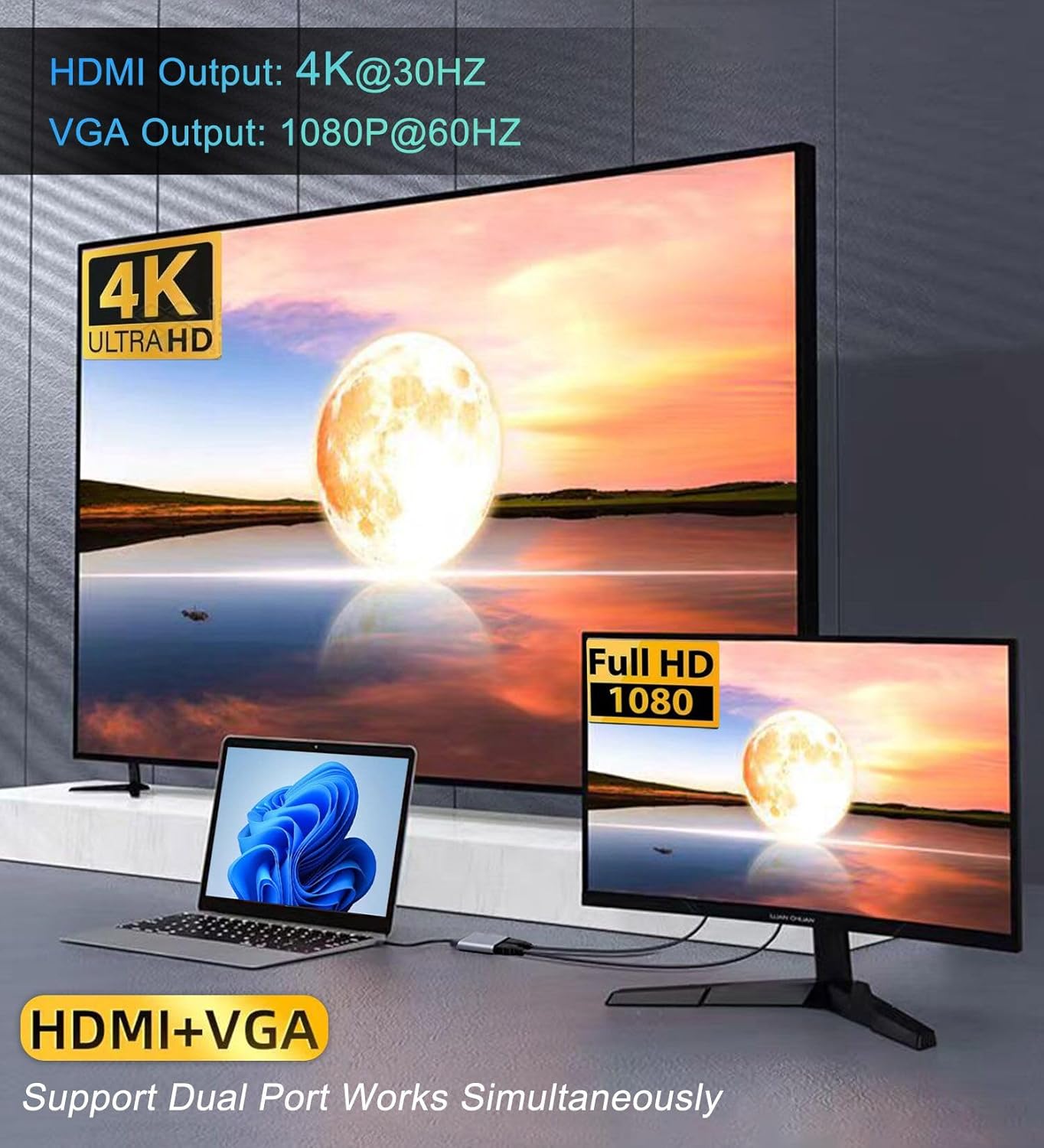 vienon 4 1 4K 1080P 3.0 5Gbps, 100W USB C to HDMI VGA Adapter for Dual Monitor, in USB C Hub with HDMI, VGA, USB PD