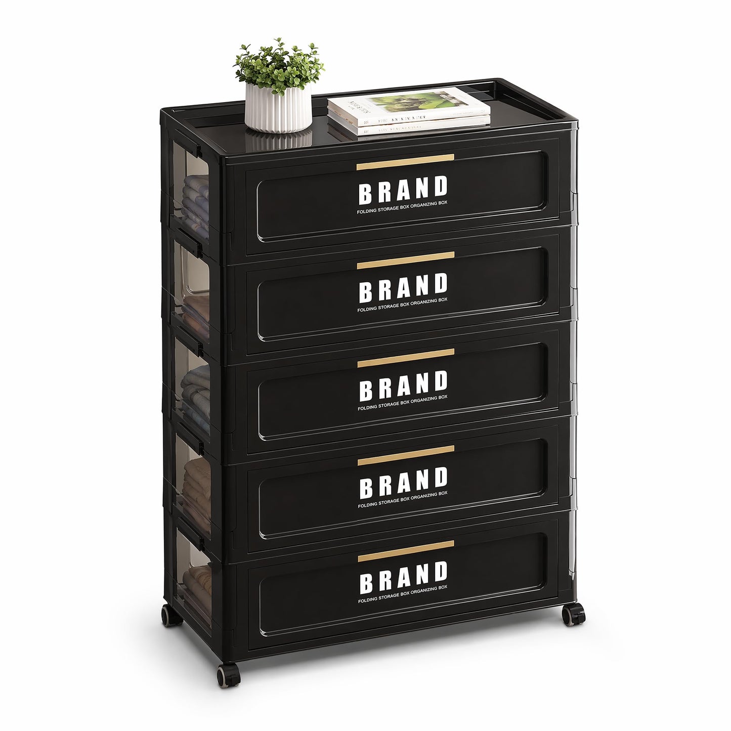 Foldable Storage Cabinet with Doors and Lockable Wheels, 5-Tier Large Capacity ABS Organizer, No-Tool Assembly Storage Cabinet for Small Apartment, Kitchen, Pantry, Laundry, Garage