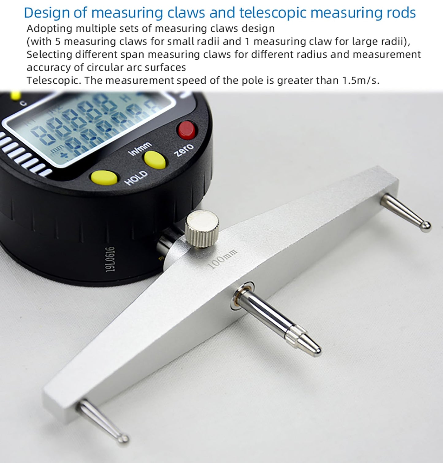AICEYI Digital Inner and Outer Radius Measuring Instrument with 10mm/20mm/30mm/60mm/100mm Replaceable Measuring Claws,Black Radius Range: 5-700mm (0.2-27.5in”), Linear Range: 0-12.7mm (0-0.5in”)