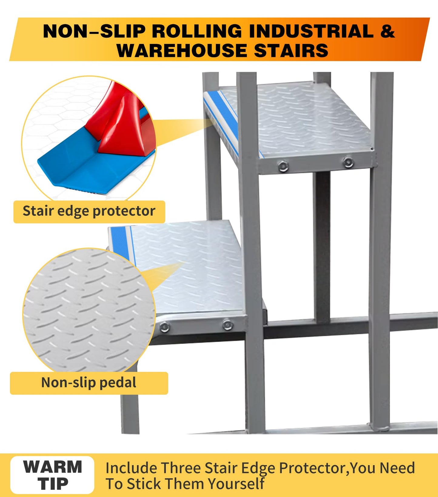 3 Step Stairs with Wheels, Industrial & Warehouse 3-Step Rolling Stairs, Non-Slip Rolling Steps with Stair Edge Protector, Easy to Move Rolling Steps with Wheels(19.7W x29.5H, 600LBs Loading).