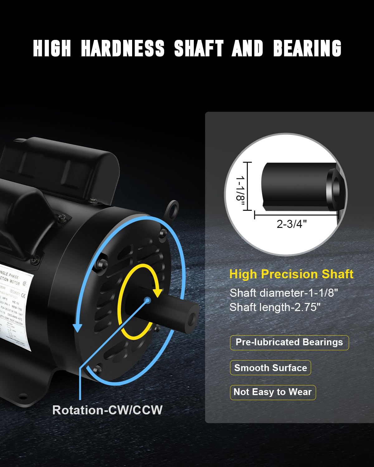 Air Compressor Motor 5HP, Industry AC Motor, Electric Motor 184T Frame Farm Duty Motor, 1750 RPM TEFC 208-230V 28.5-27.0 CW/CCW