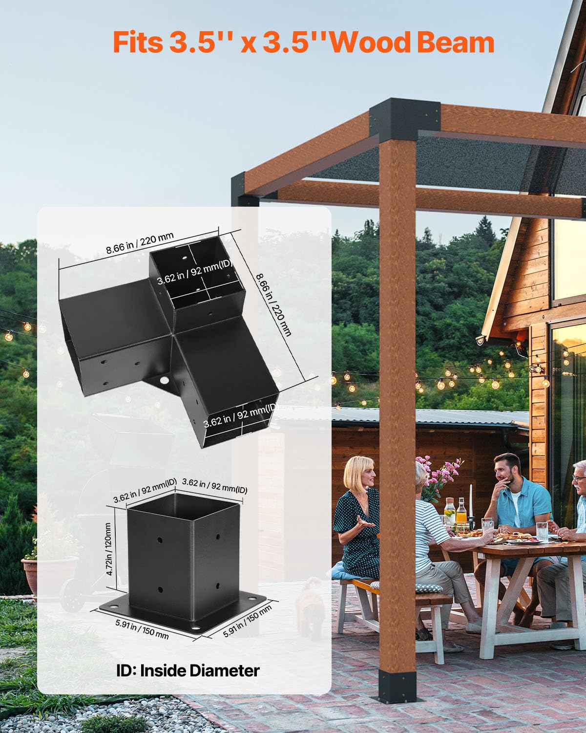 VEVOR Pergola Kit 4-Pack, T-Shaped 4x4 (Actual 3.5x3.5 Inch), 3-Way Pergola Brackets DIY Woodworking Gazebo Bracket Kit with Screws for 3.5x3.5 Inch Wood Beams in Actual Size for Outdoor Party Banquet
