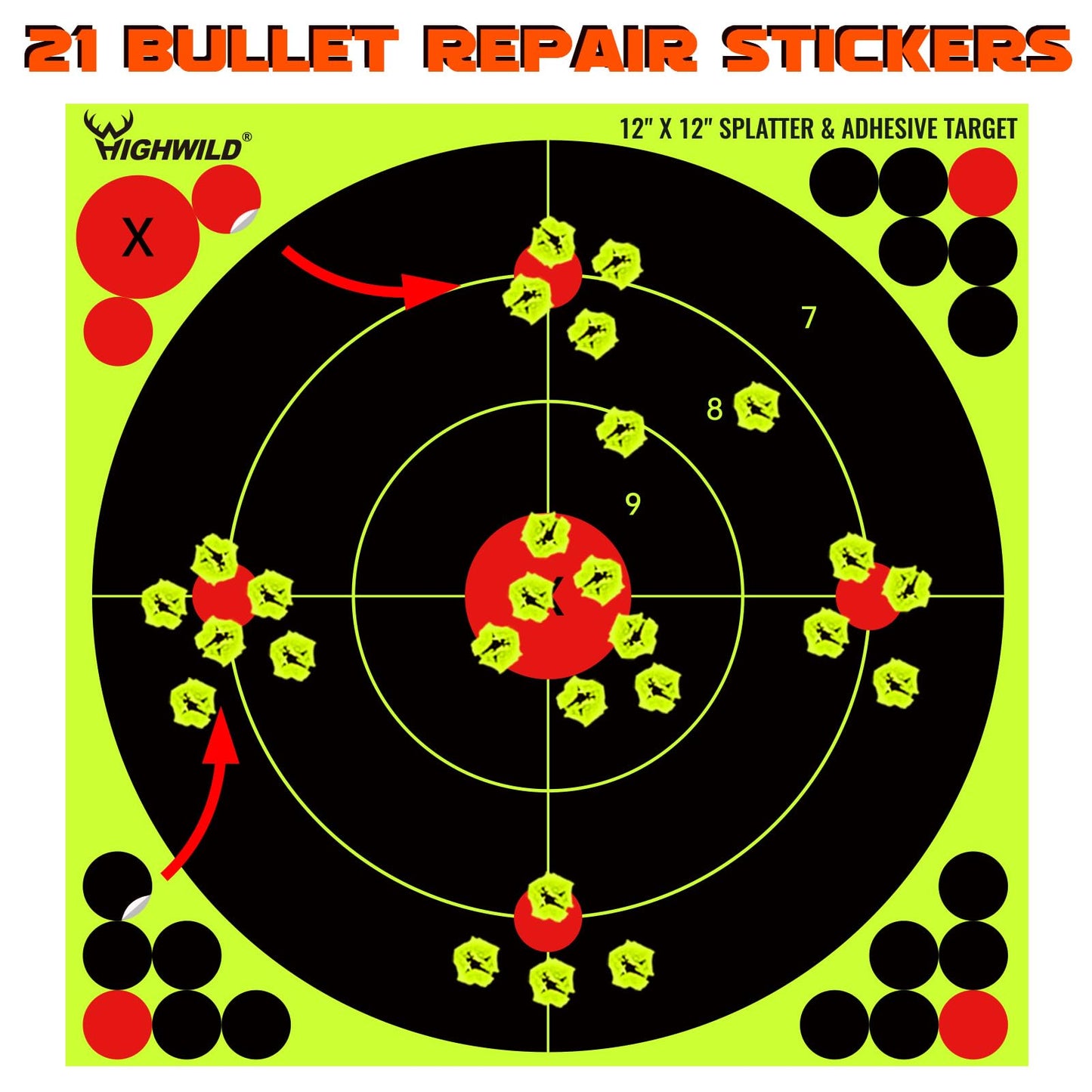 Highwild 12X12 Inch Splatter Adhesive Bullseye Fluorescent Yellow Shooting Target Stickers - Suitable for Handguns, Rifles, BB Guns, Airsoft, Pellet Guns - 10 Pack