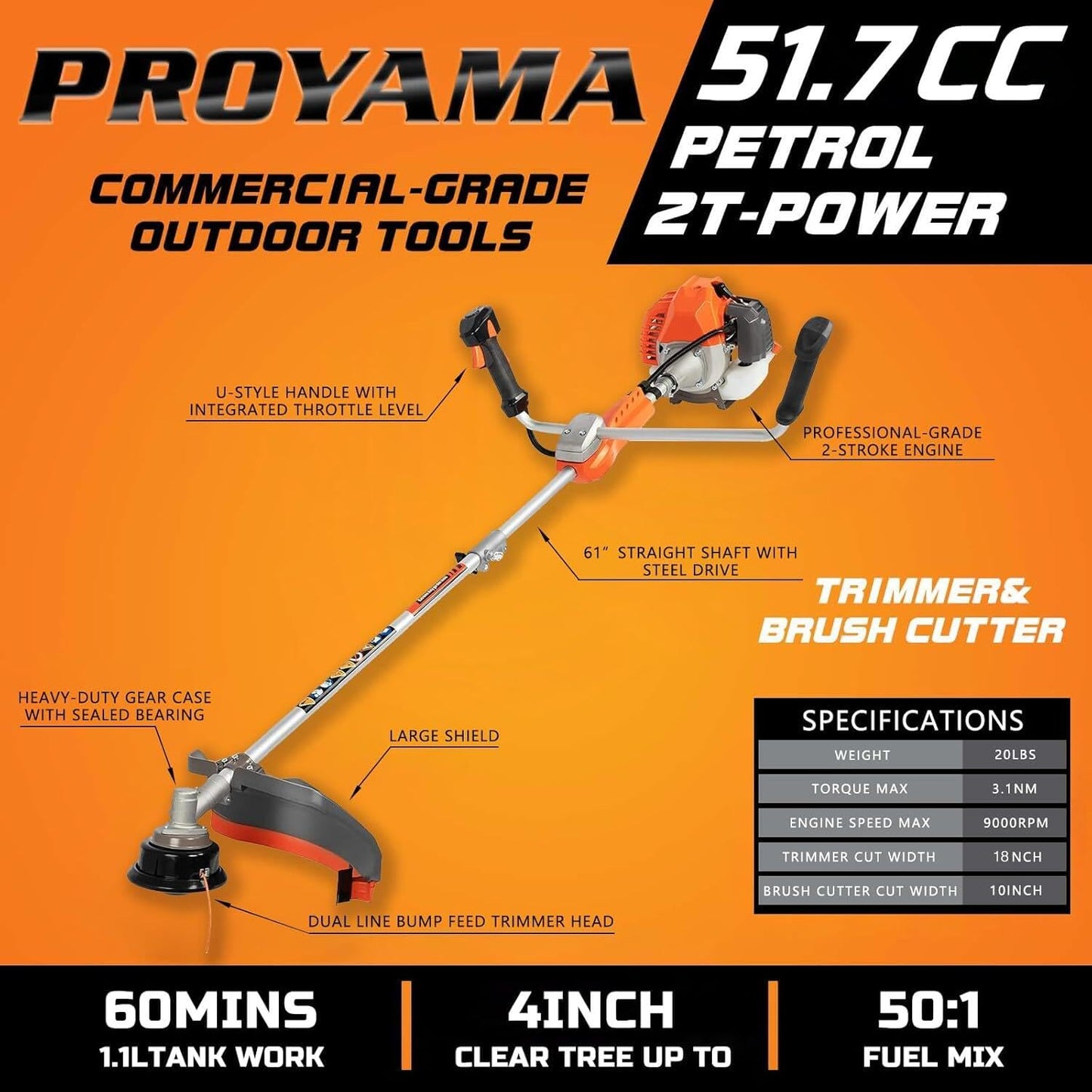 PROYAMA 51.7cc 2-Cycle Gas Powered Weed Eater Weed Trimmer, 3-in-1 Gas String Trimmer and Brush Cutter, Anti-Vibration System Tube Orange